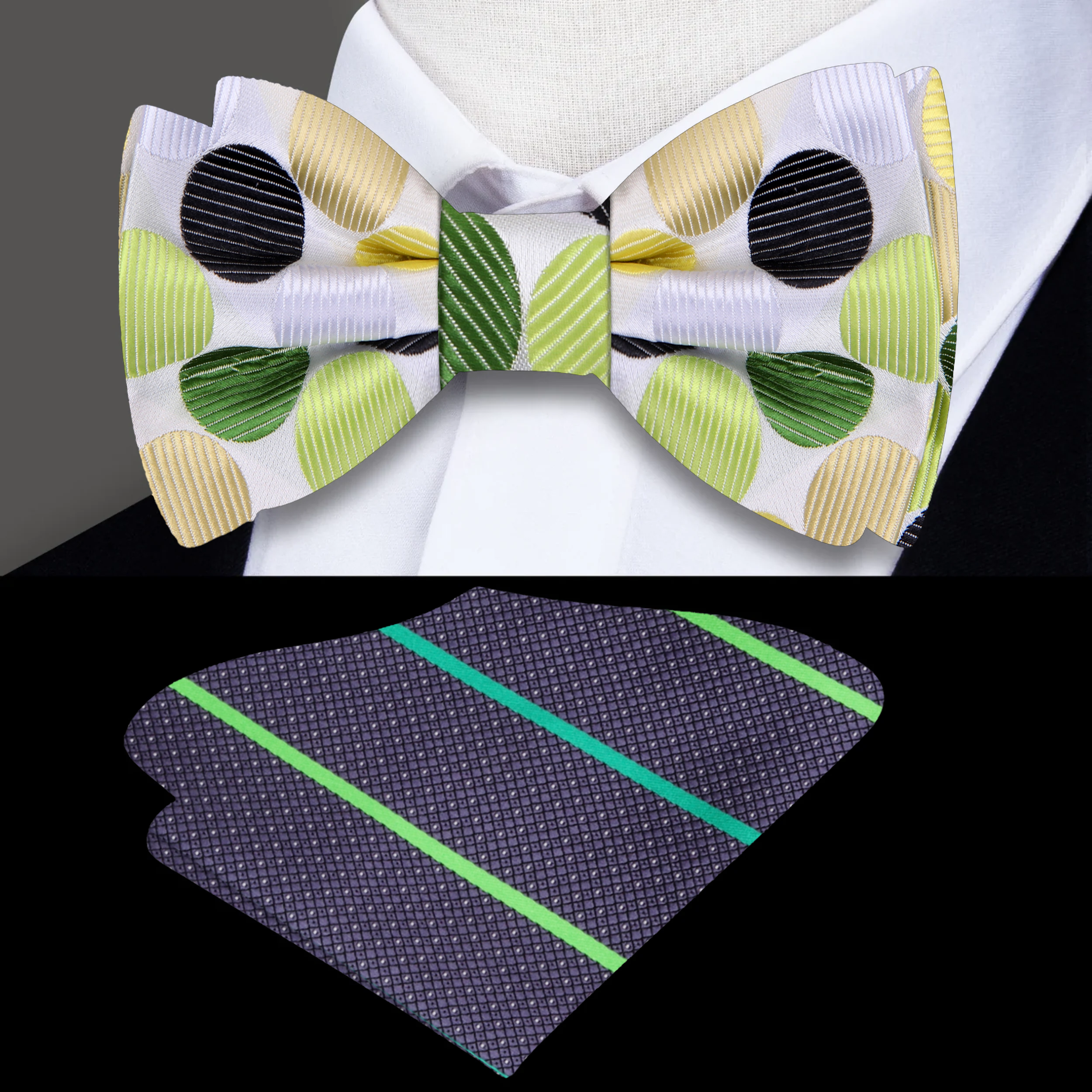 Close-up of a polka dot bow tie with green and yellow dots on white fabric