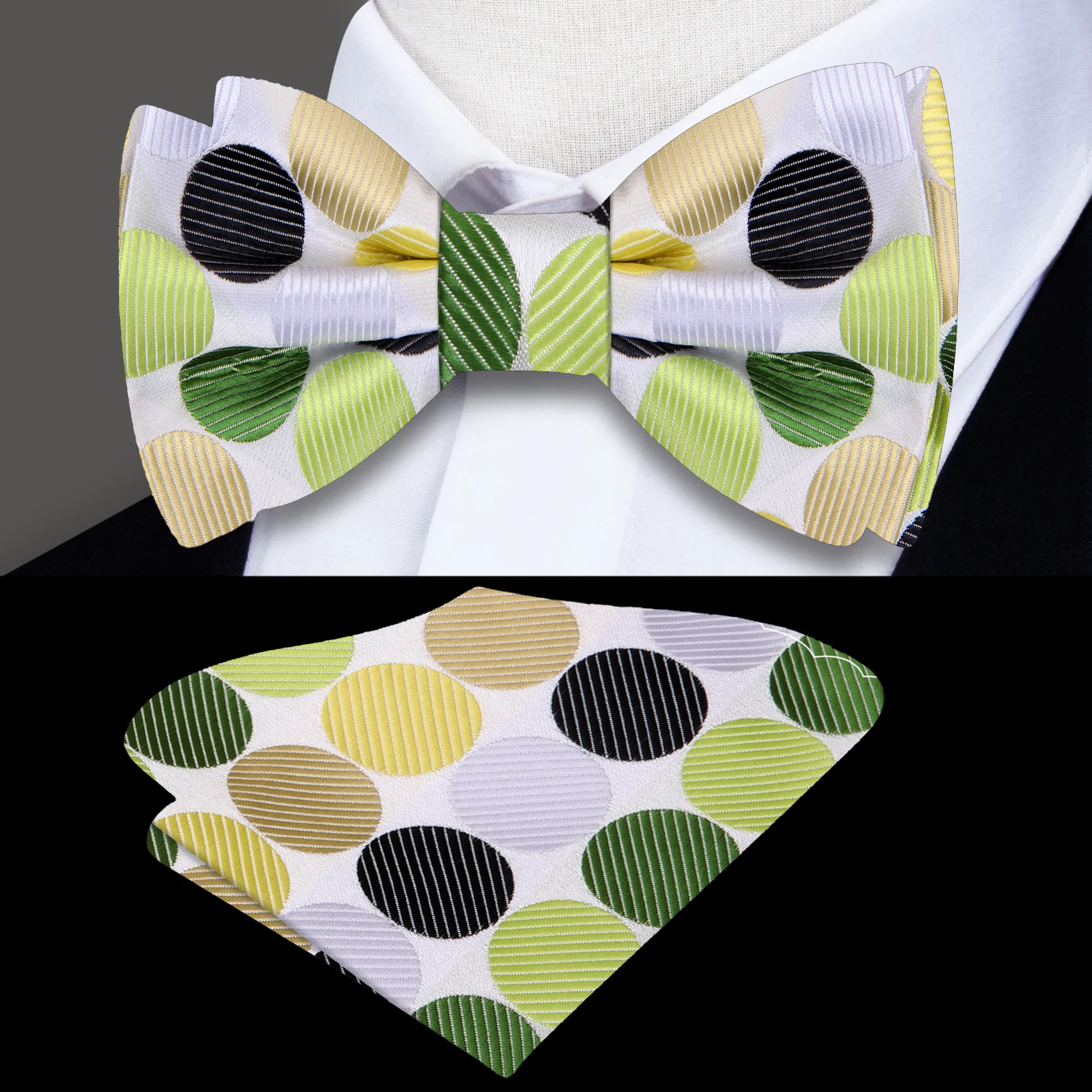 Man wearing a polka dot bow tie with a light green dress shirt for a wedding