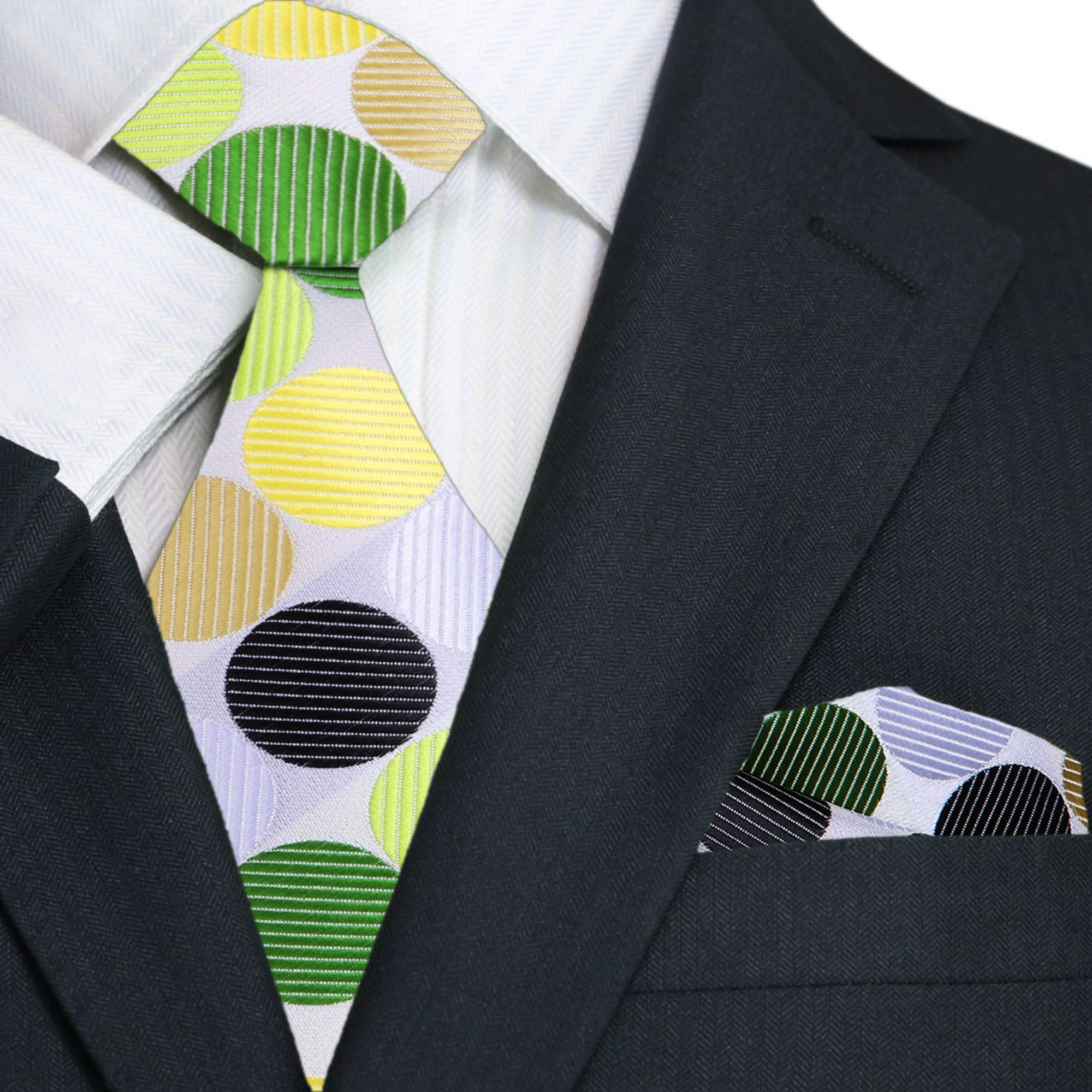 Man wearing a colorful polka dot tie at a wedding, displaying a stylish and confident look.