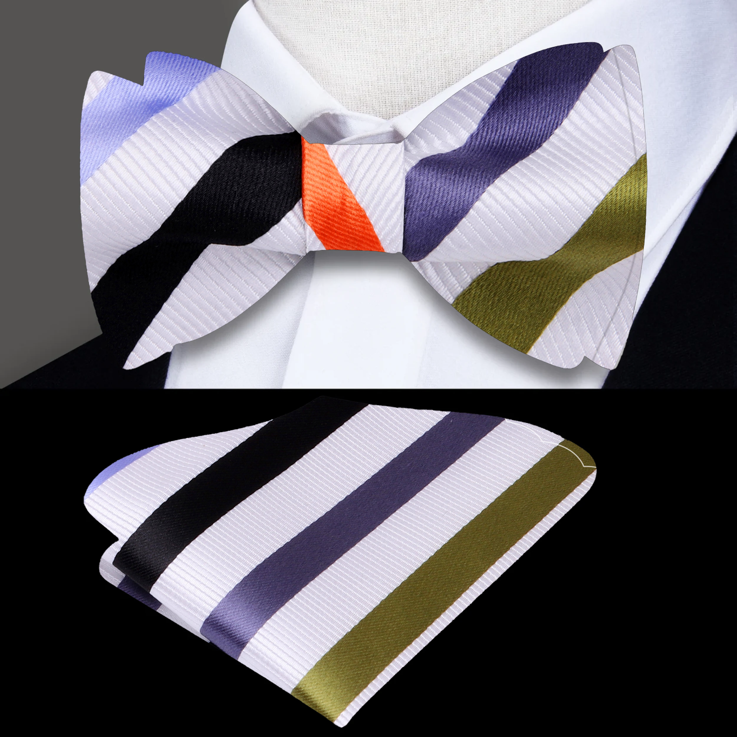 Close-up of the Vibrant Stripe Self-Tie Bow Tie showcasing its bold colors.