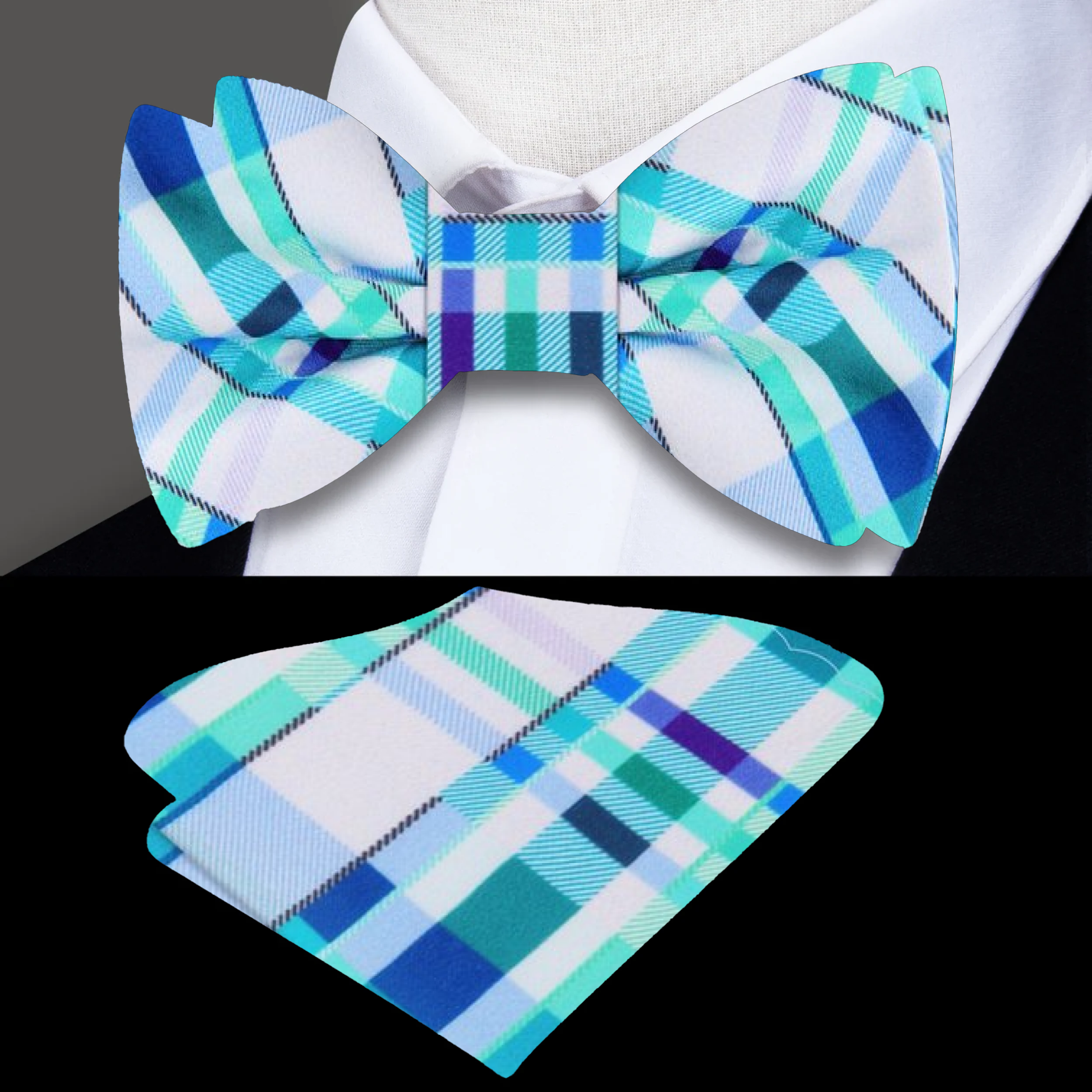 Model wearing a stylish plaid bow tie paired with a white dress shirt and navy suit.