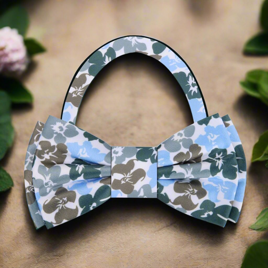Elegant hibiscus floral silk bow tie worn with formal suit for wedding