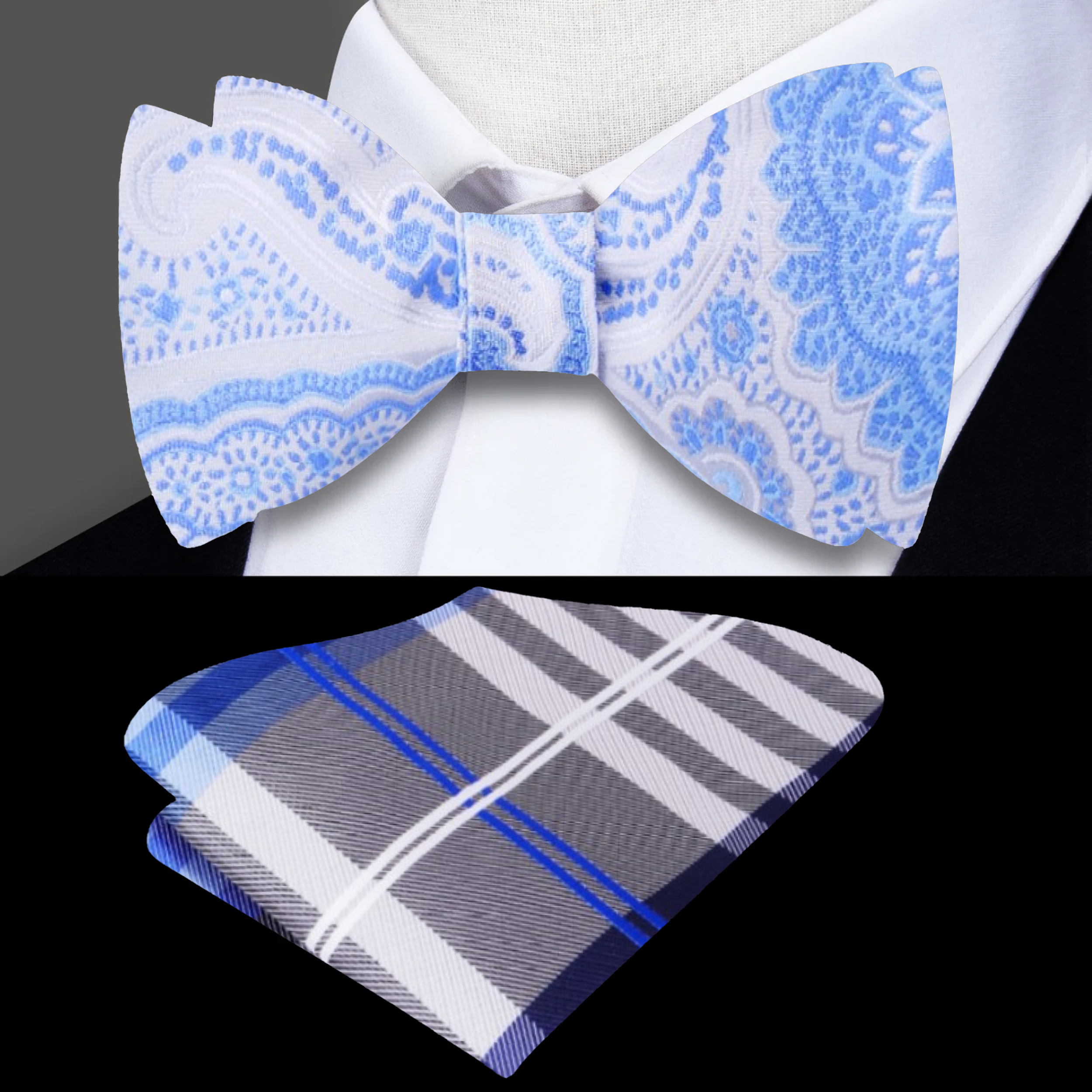 Light Blue Paisley Self-Tie Bow Tie displayed on a wooden table, showcasing its intricate design.