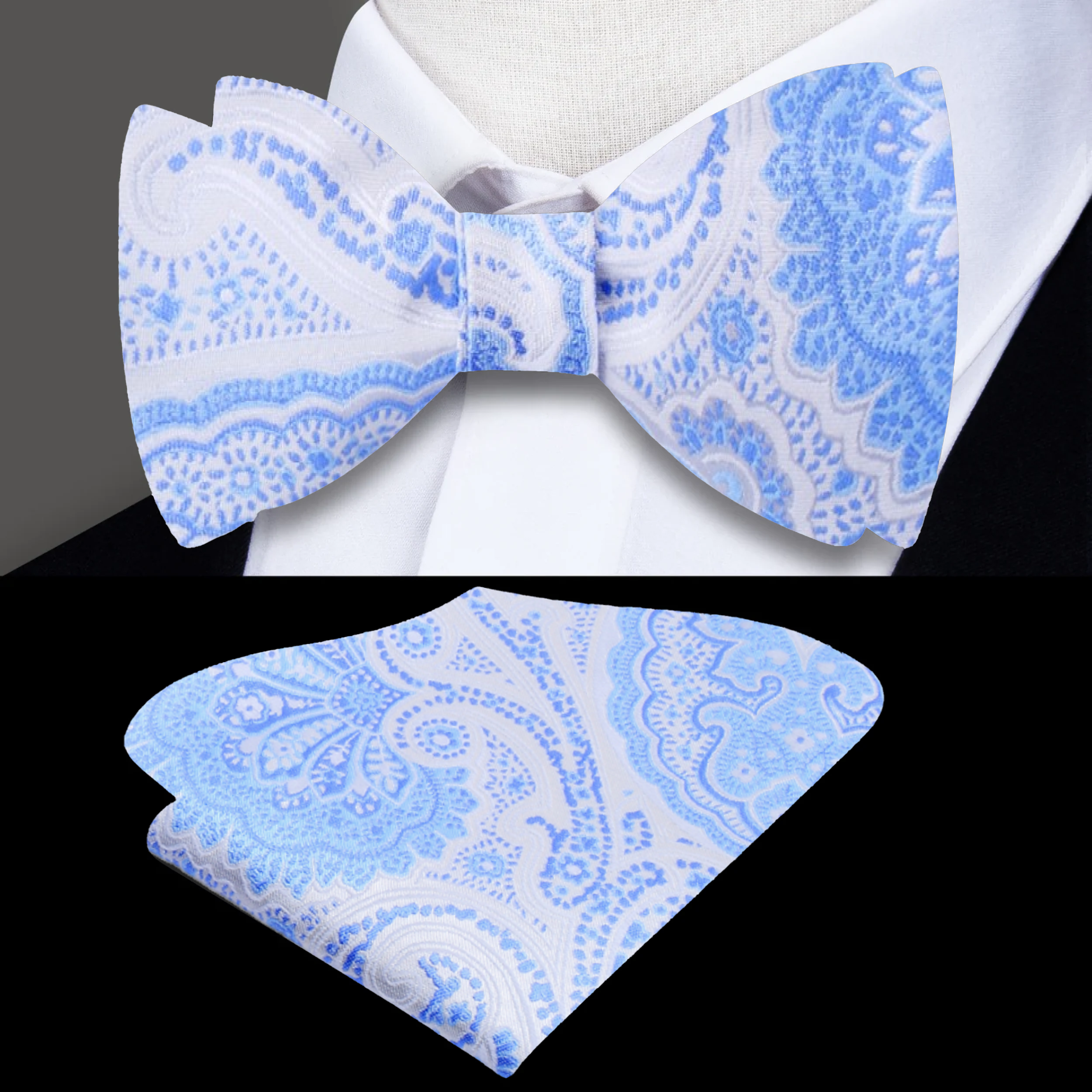 A close-up of the paisley pattern on the bow tie, highlighting its luxurious silk fabric.