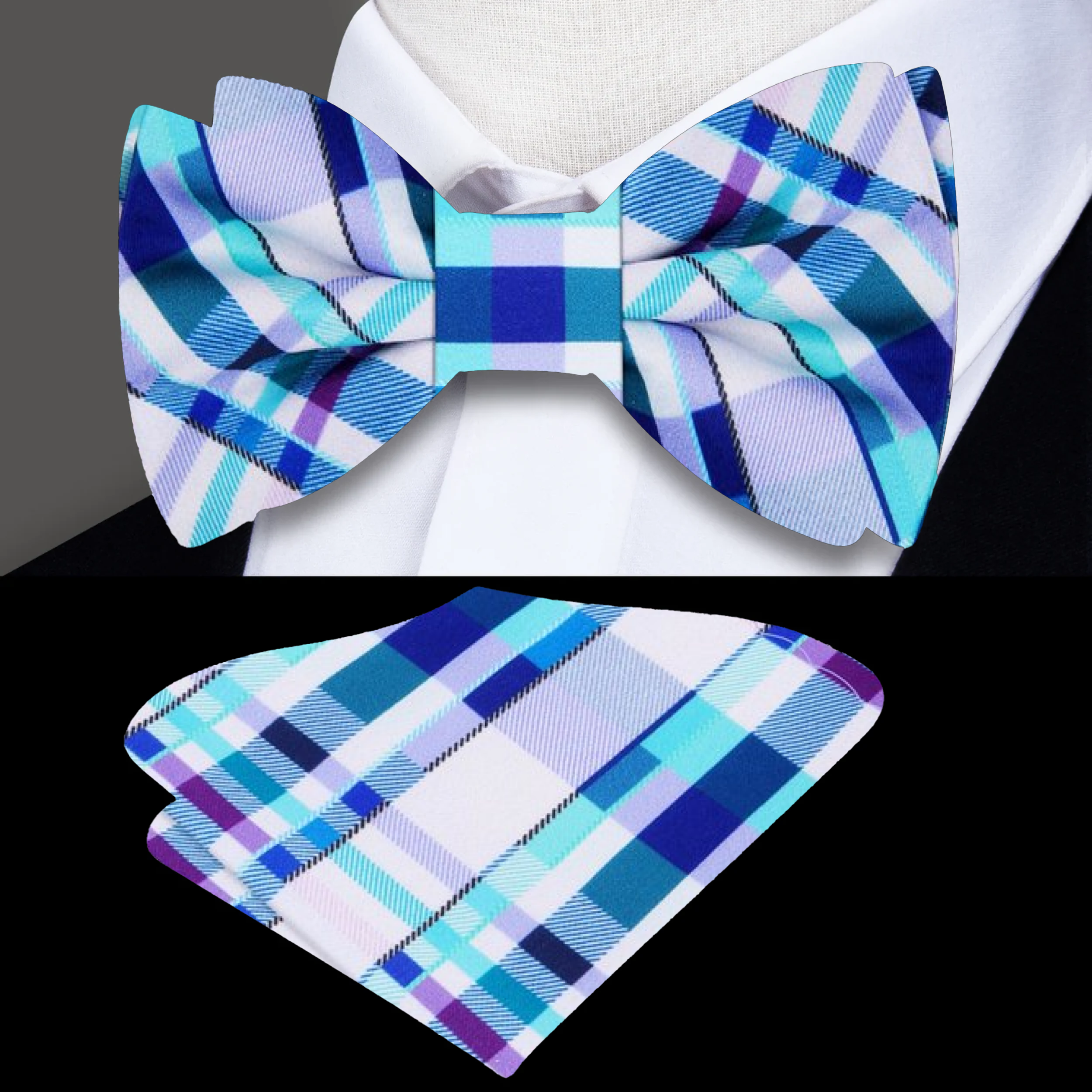 Model wearing a stylish plaid bow tie paired with a white dress shirt and navy suit.