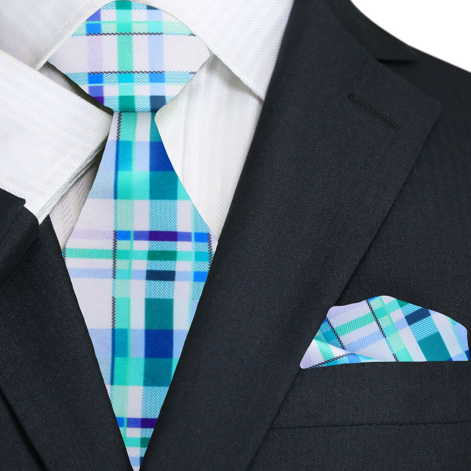 Blue and green plaid silk necktie styled with a white dress shirt for a wedding