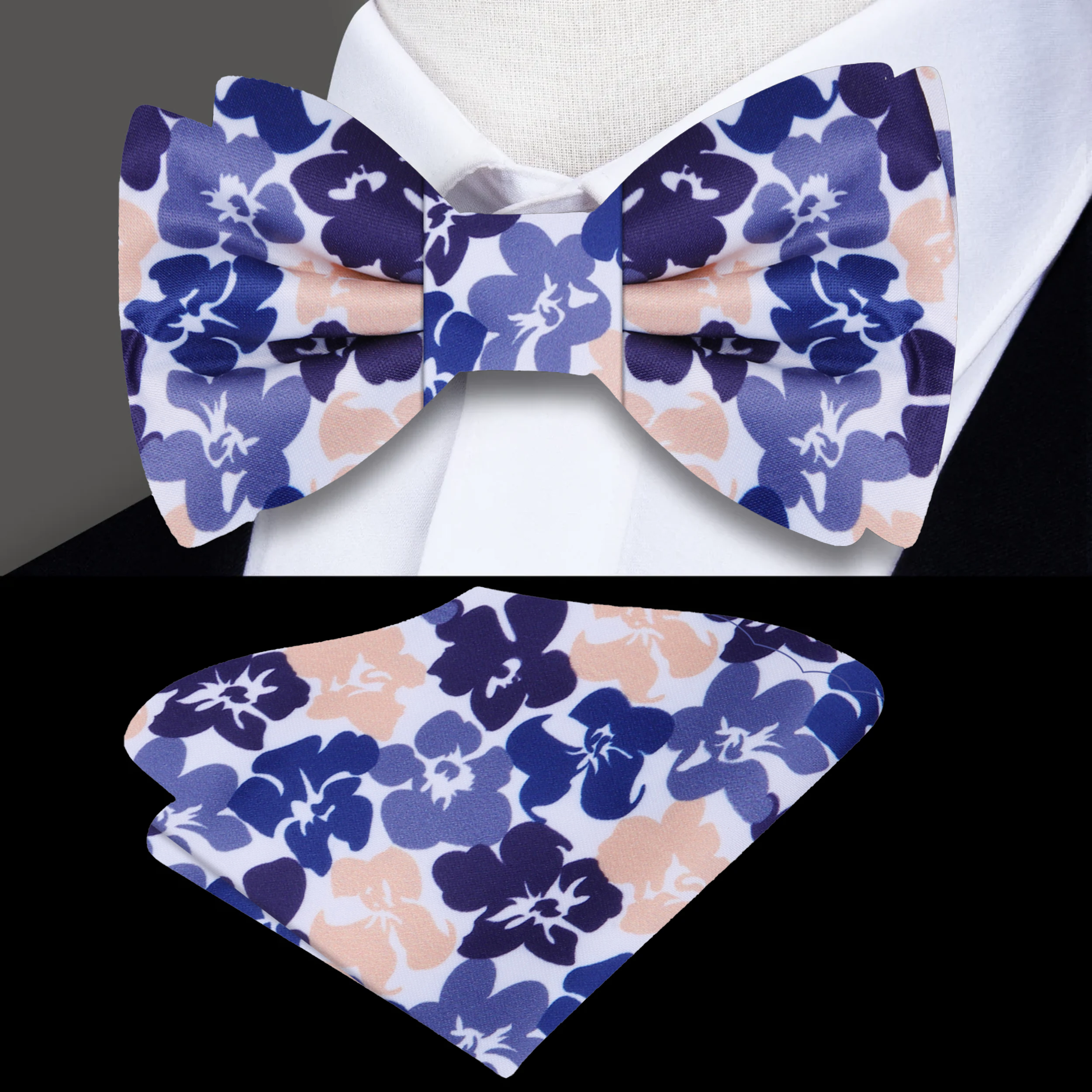 Elegant hibiscus floral silk bow tie worn with formal suit for wedding