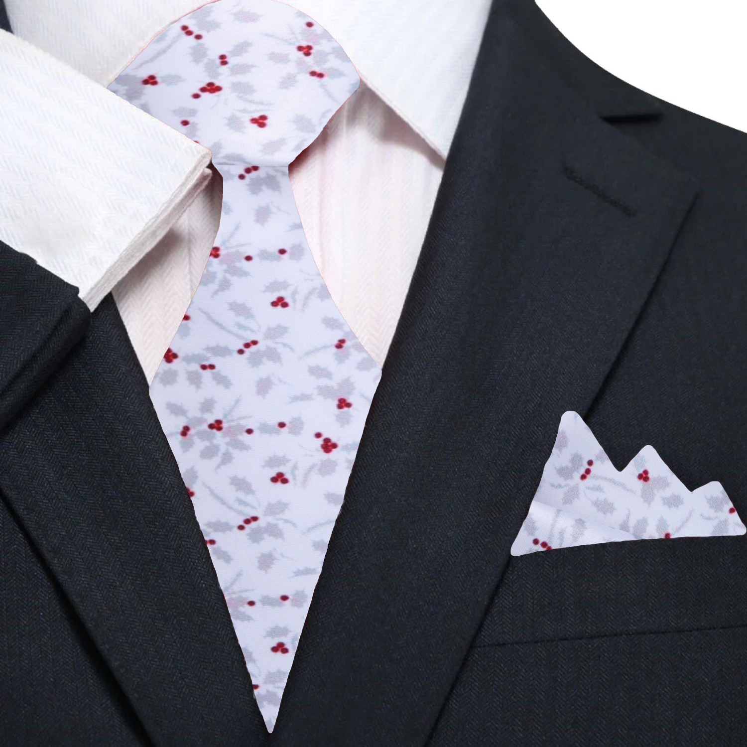 Man wearing the Christmas holly berry necktie with a navy suit at a holiday party.