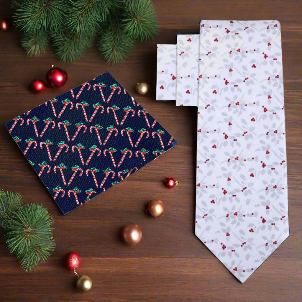 Close-up of the festive holly berry necktie showcasing intricate details.