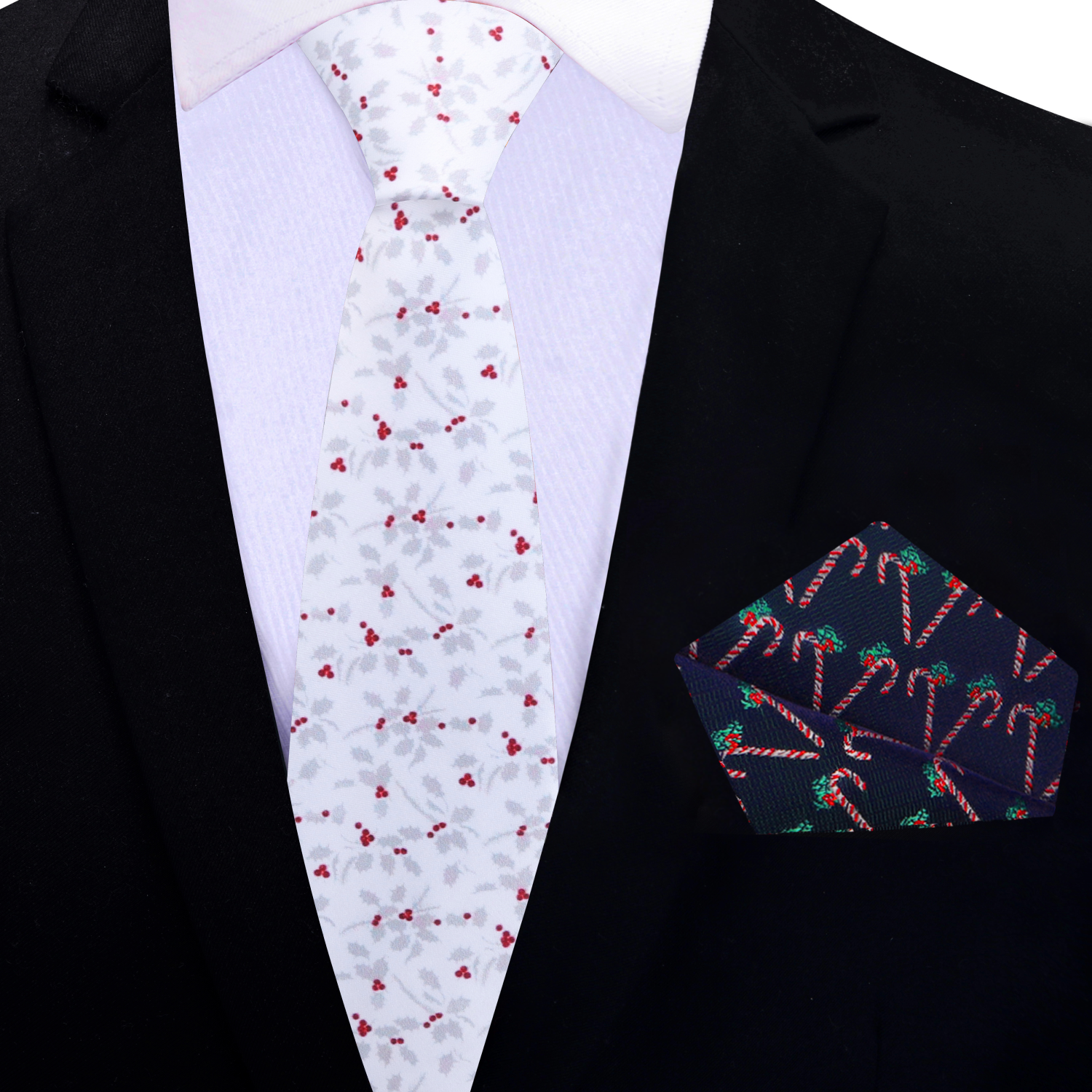 Folded festive necktie with a pocket square, highlighting the vibrant colors.