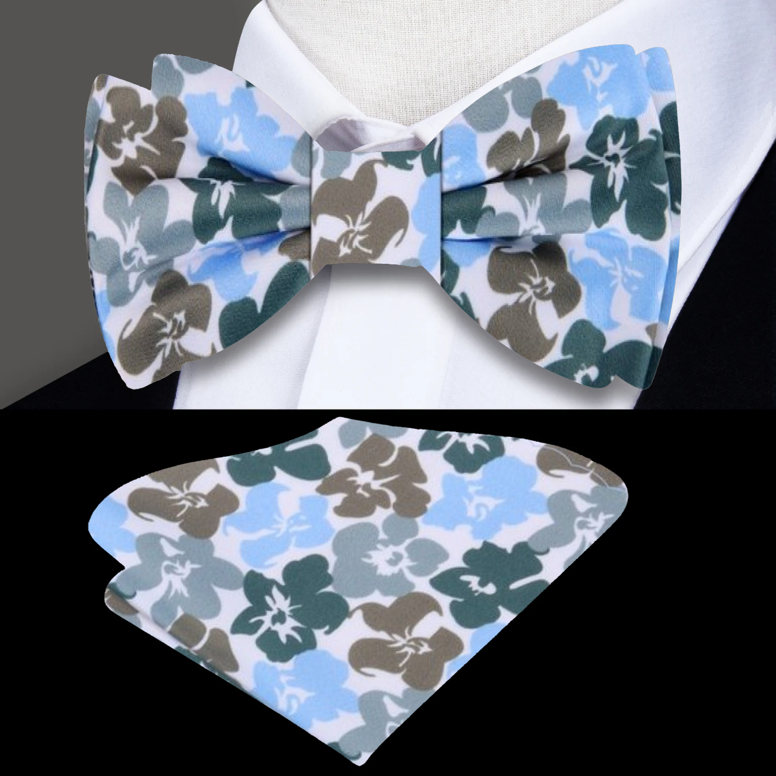 Close-up of hibiscus pattern on silk bow tie for special occasions