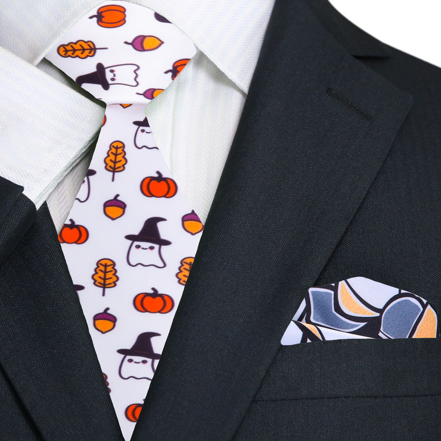 Man wearing stylish Halloween themed silk necktie at party
