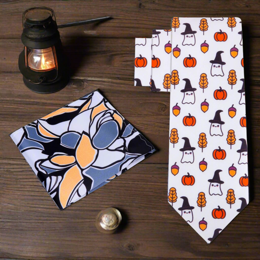 Close-up of Halloween necktie with ghosts and pumpkins design