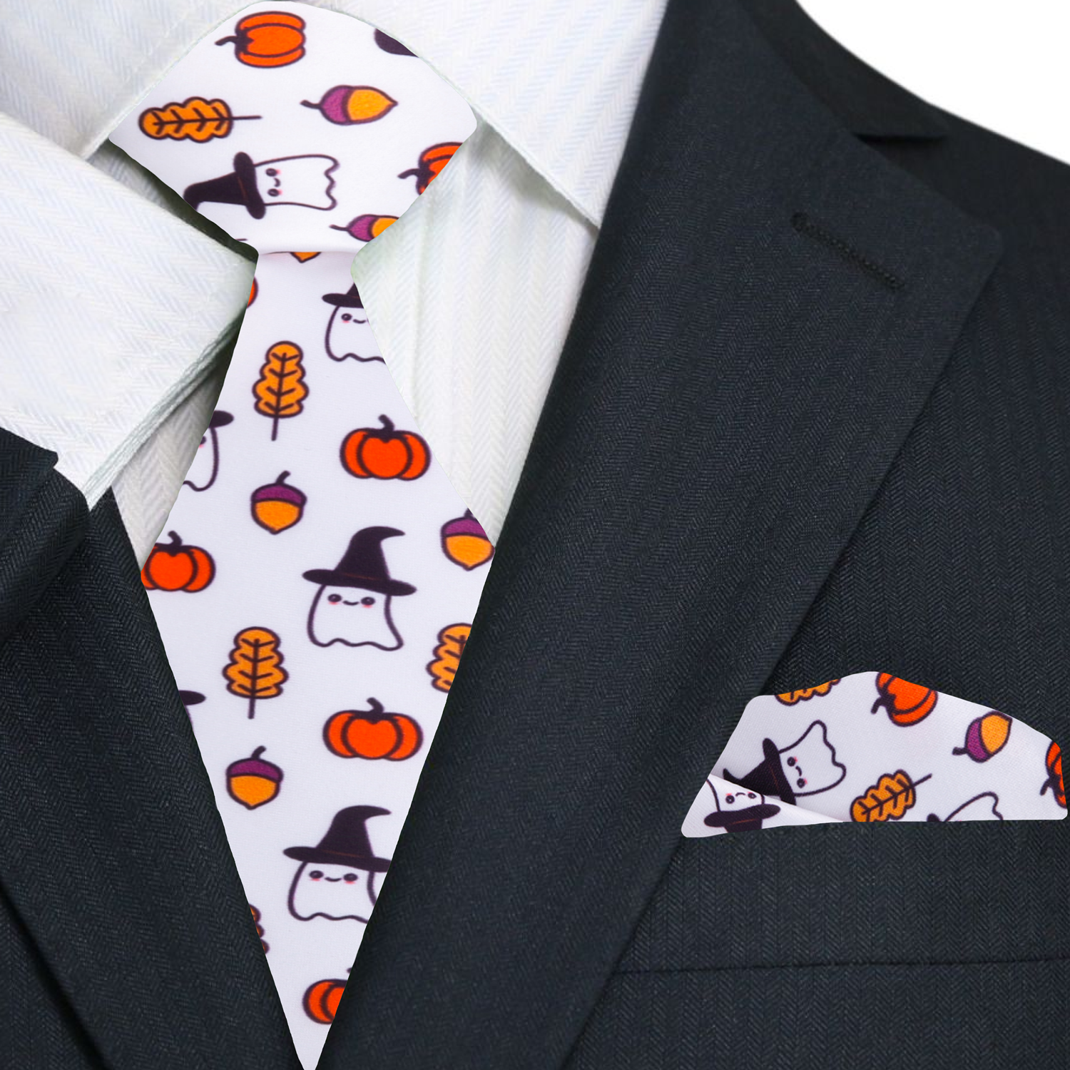 Man wearing stylish Halloween themed silk necktie at party