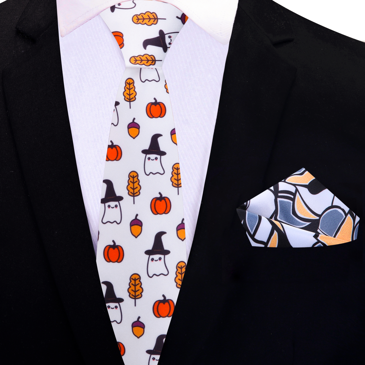 Silk necktie with festive Halloween motifs paired with dress shirt