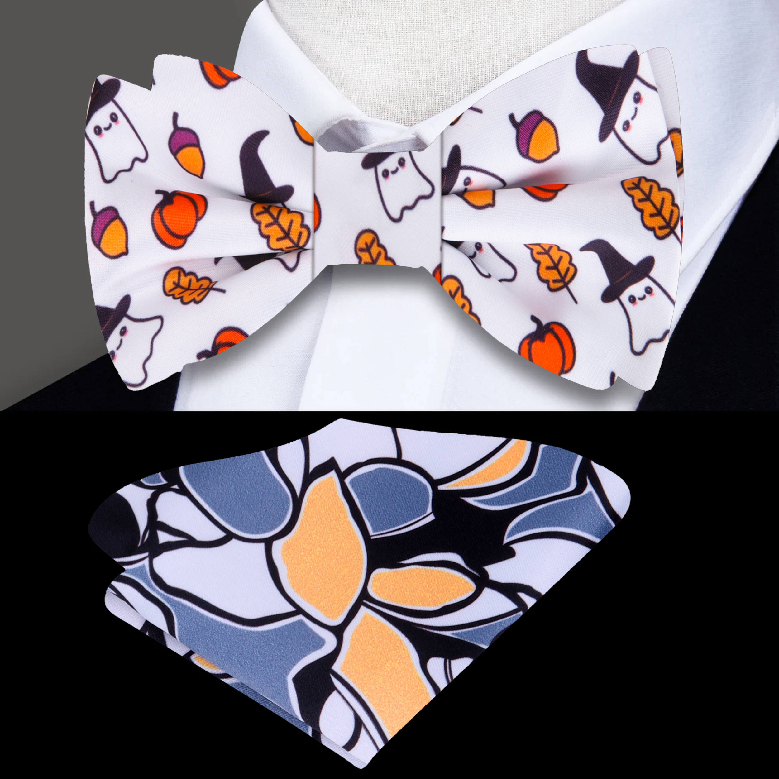 Close-up of the Halloween silk bow tie showcasing the intricate ghost and pumpkin patterns.