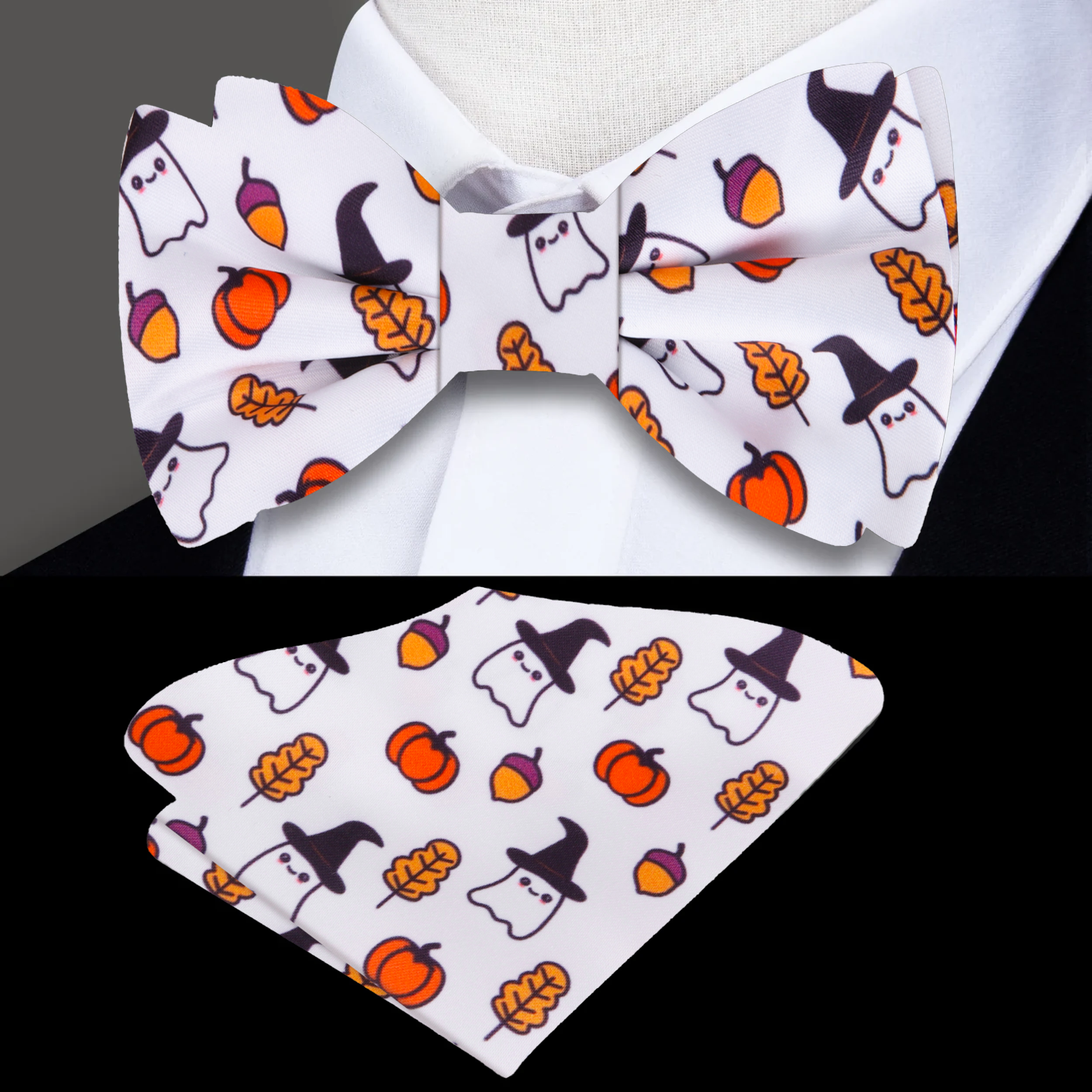 Model wearing the Halloween bow tie with a white dress shirt at a festive party.