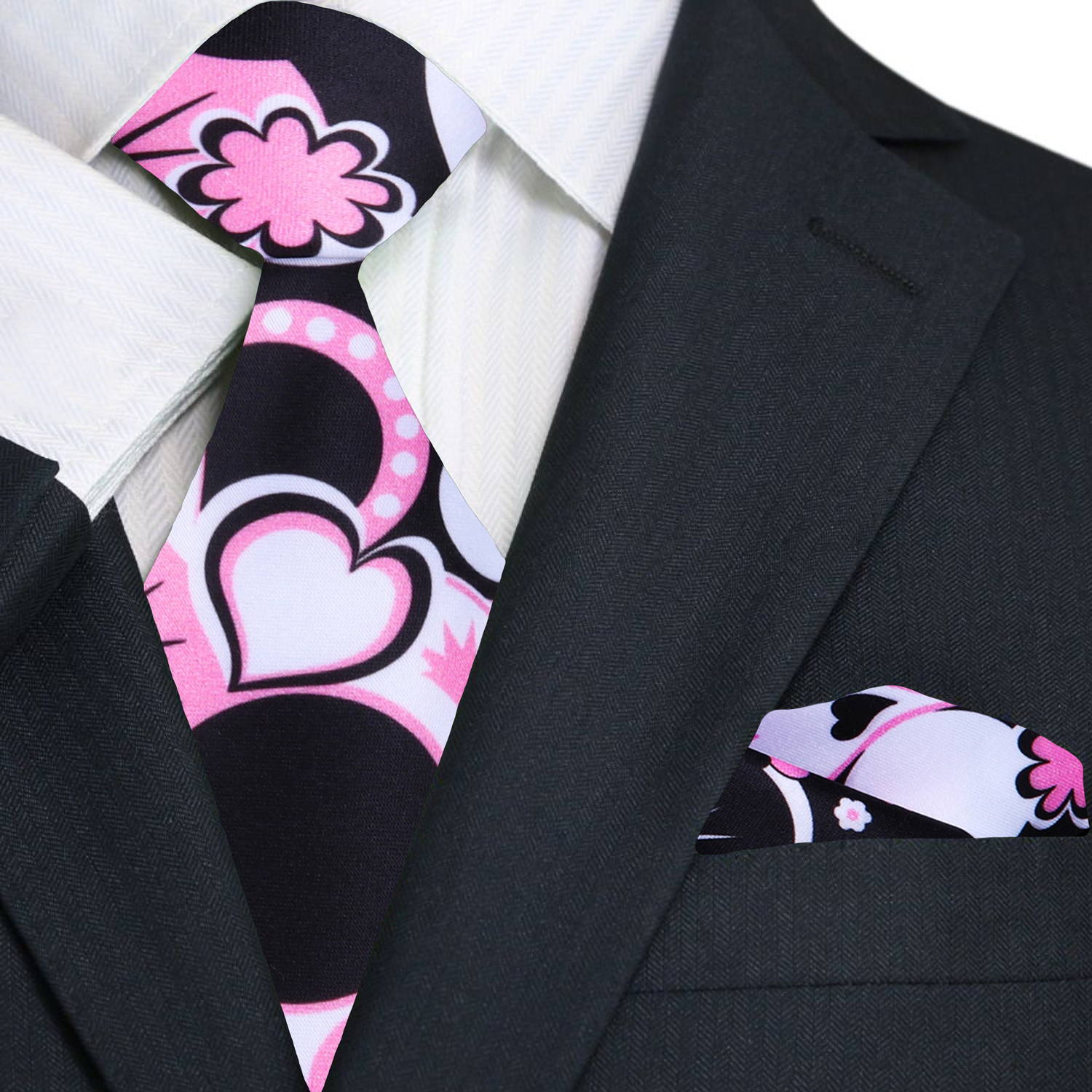 Close-up of the pink, black, and white heart design on the Vibrant Heartbreaker Silk Tie.