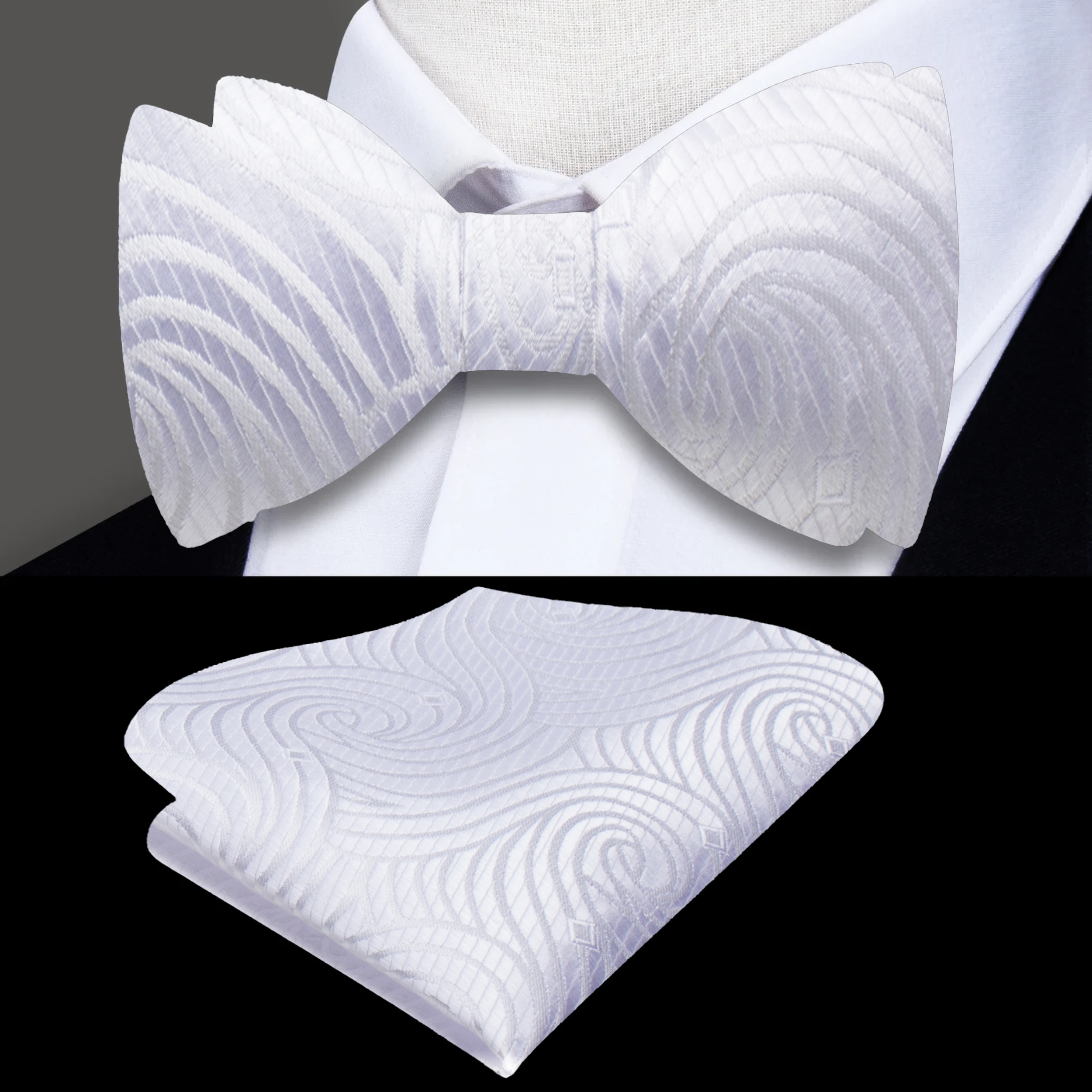 Fashionable self tie bow tie styled with a light beige dress shirt