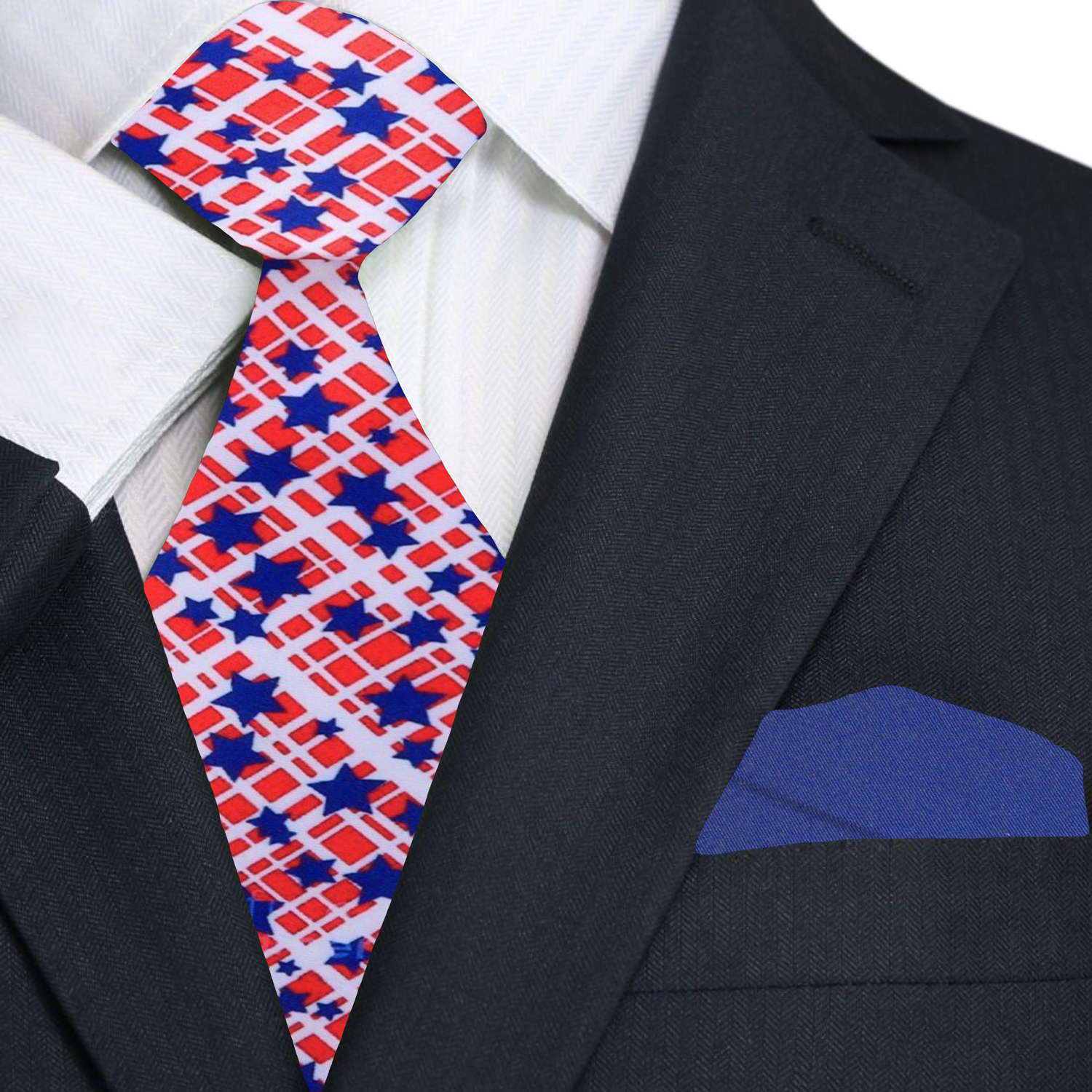 Man wearing the American flag tie with a navy suit for a patriotic event