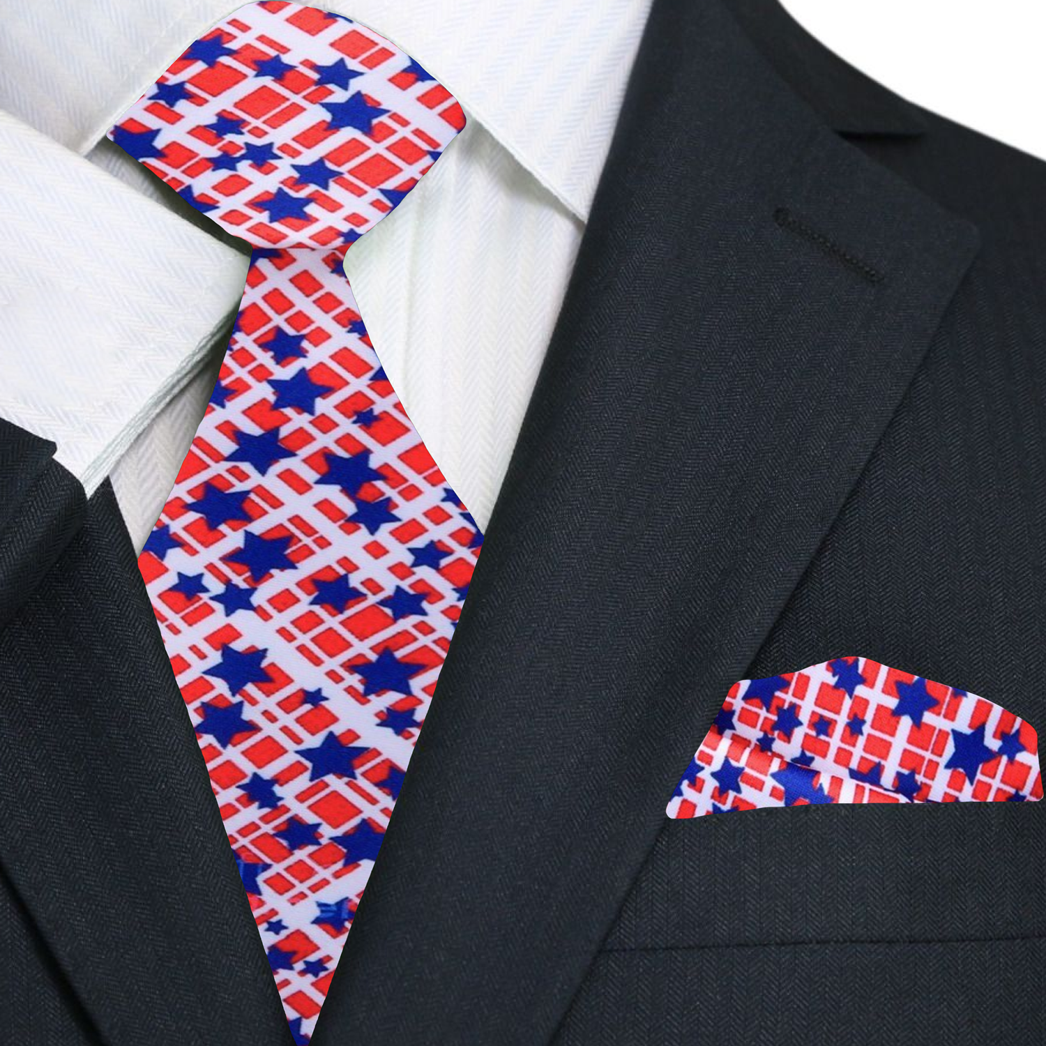 Close-up of the patriotic tie with stars and abstract flag design, ideal for Fourth of July celebrations