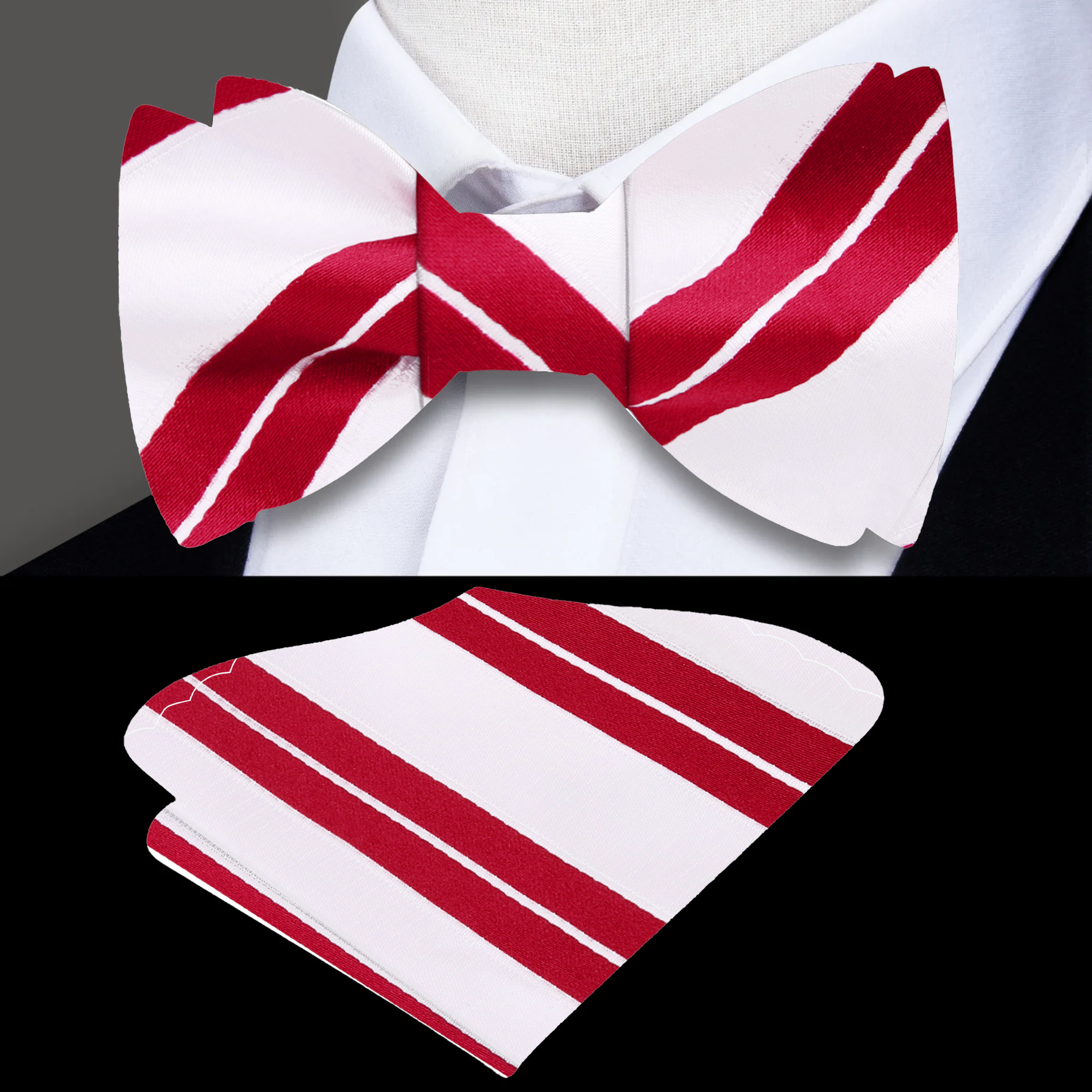 Close-up of grey and blue stripe silk bow tie on a model