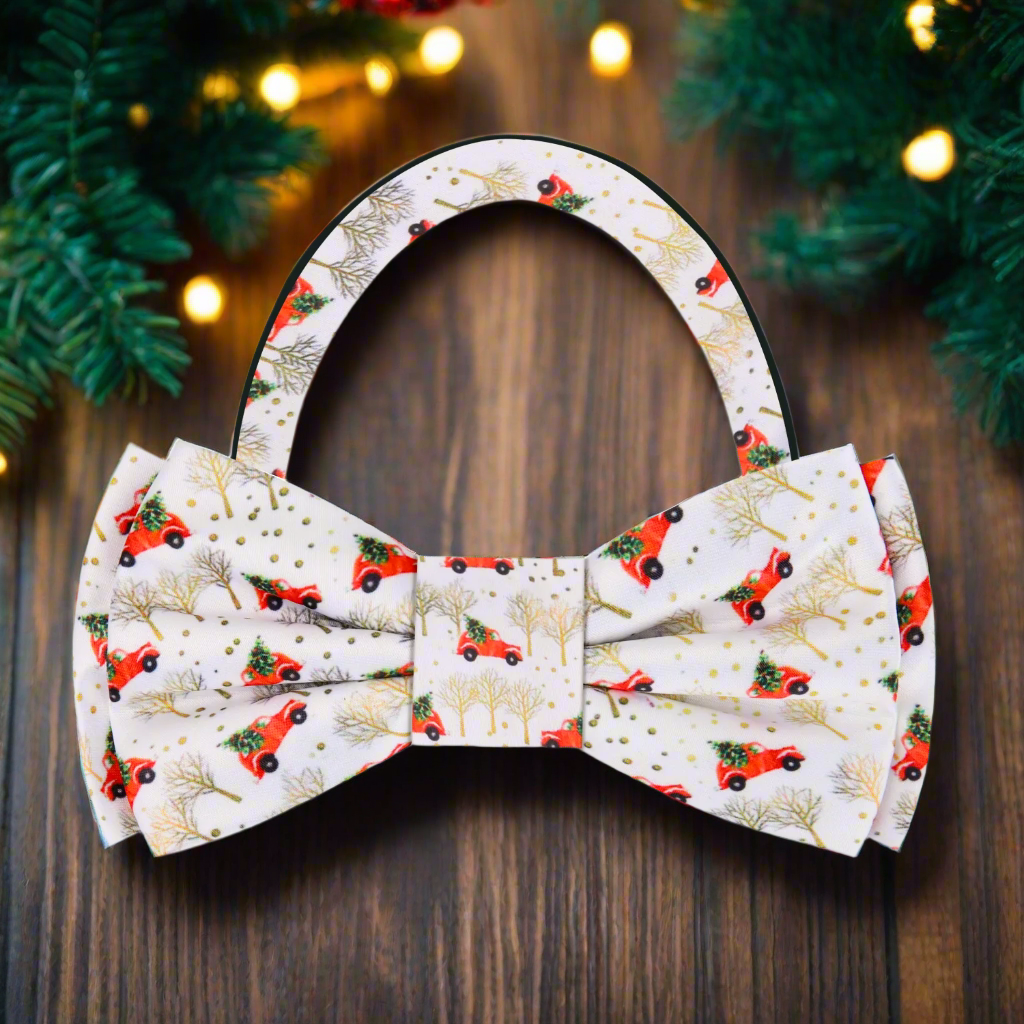 Detailed view of the Vintage Christmas Truck Bow Tie alongside a matching pocket square.