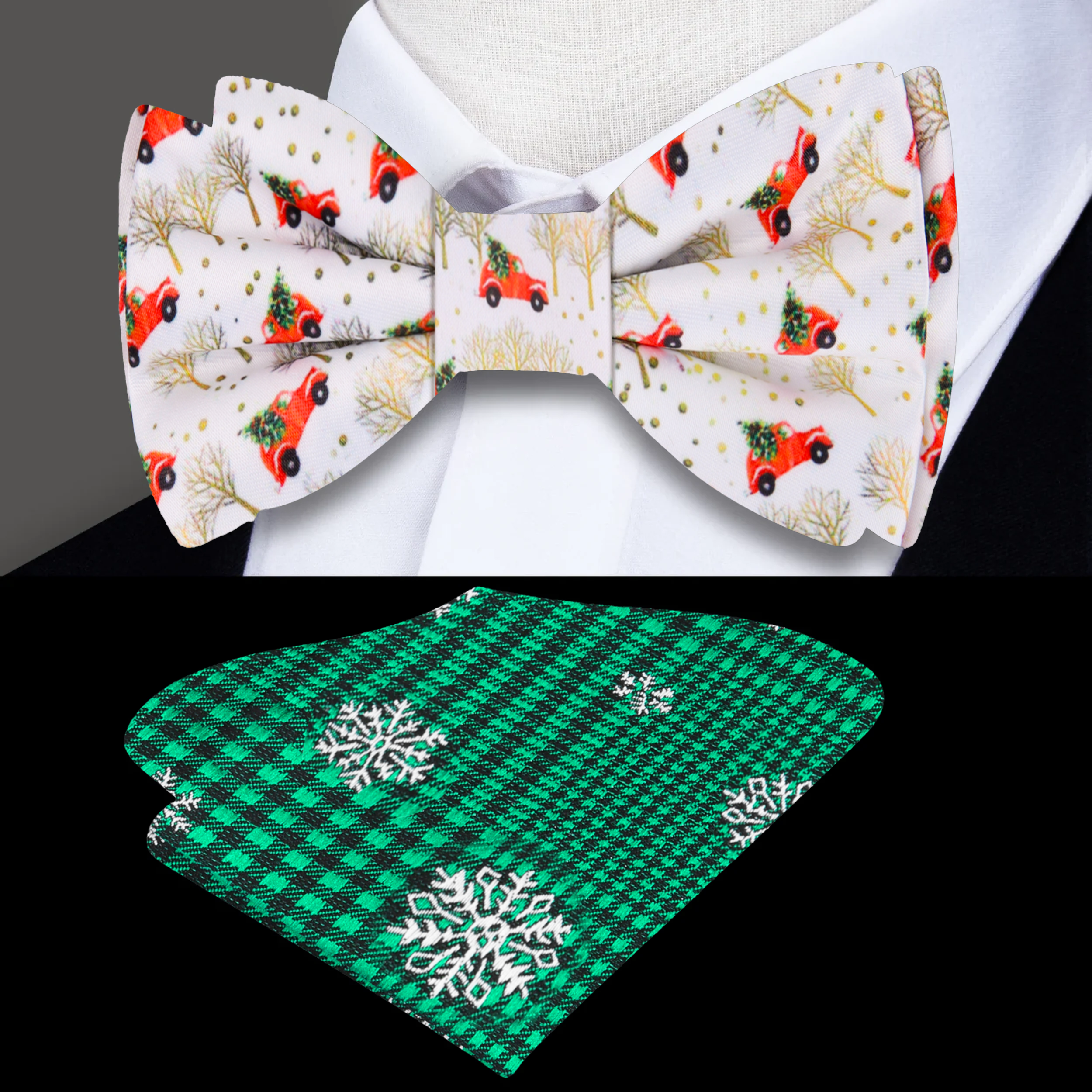 Close-up of the Vintage Christmas Truck Bow Tie showcasing its intricate design and vibrant colors.