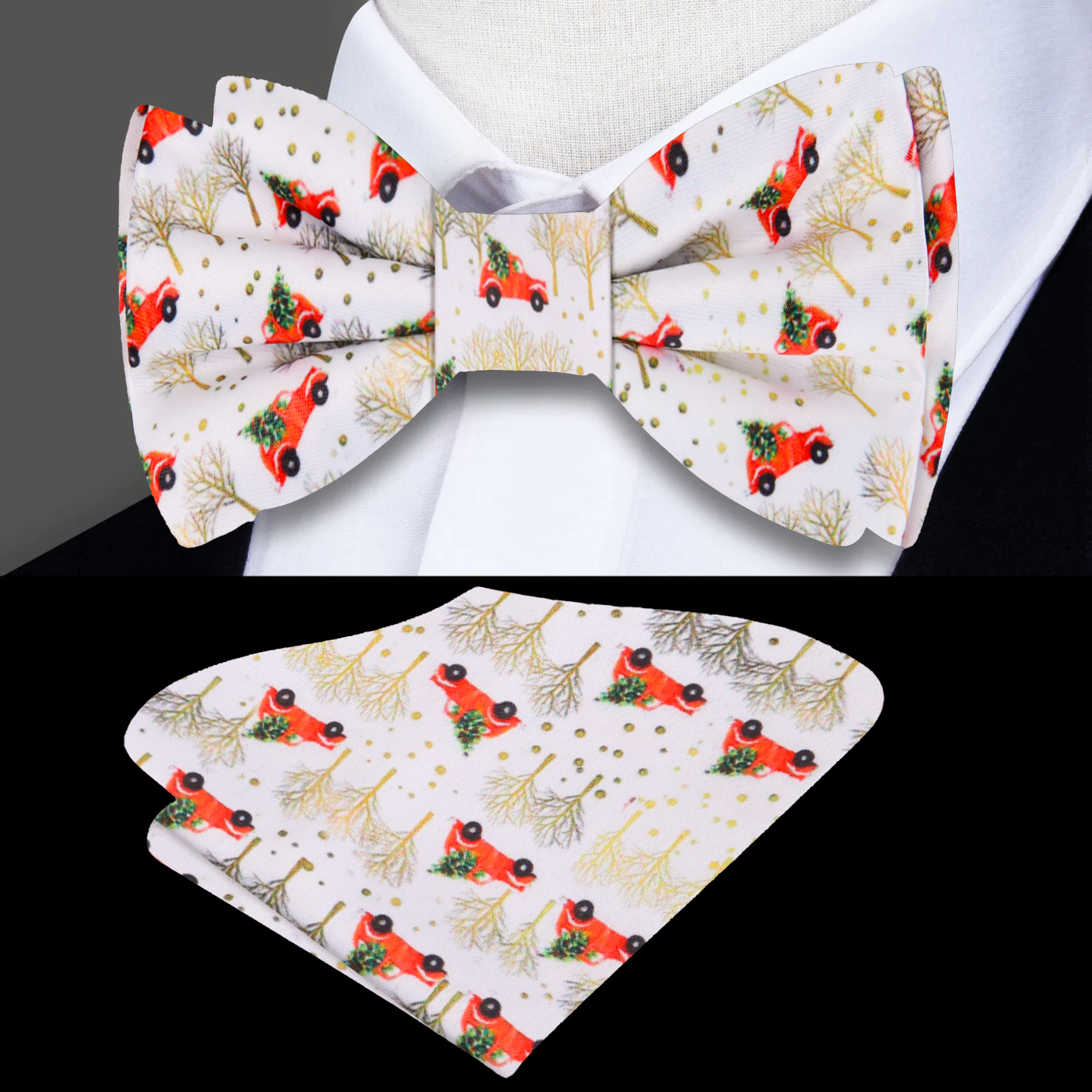 Model wearing the Vintage Christmas Truck Bow Tie paired with a white dress shirt and navy suit.