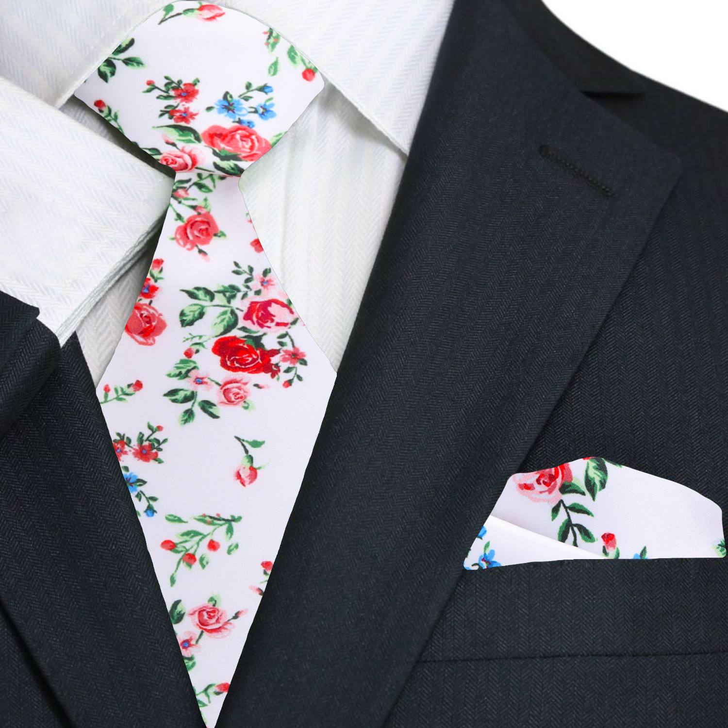 Elegant Floral Silk Necktie with red roses and green leaves, showcased against a plain background.