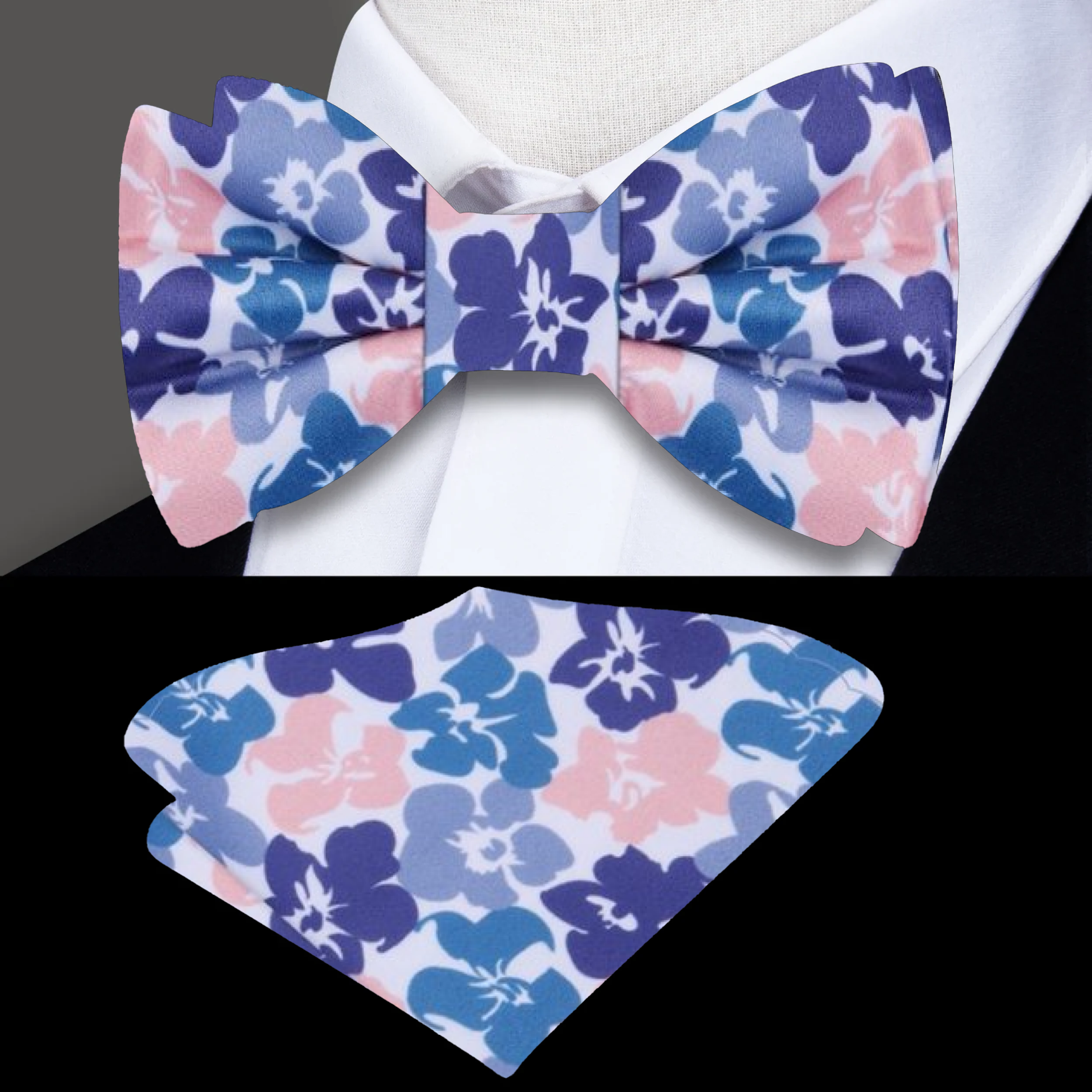 Elegant hibiscus floral silk bow tie worn with formal suit for wedding