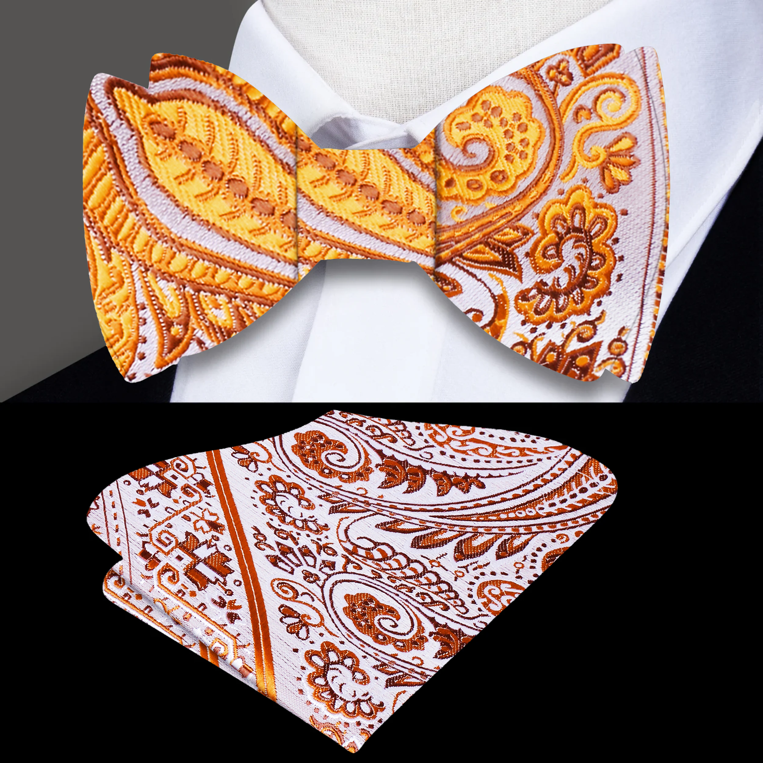 Close-up of the elegant paisley self-tie bow tie showcasing its intricate design in light blue and rust.