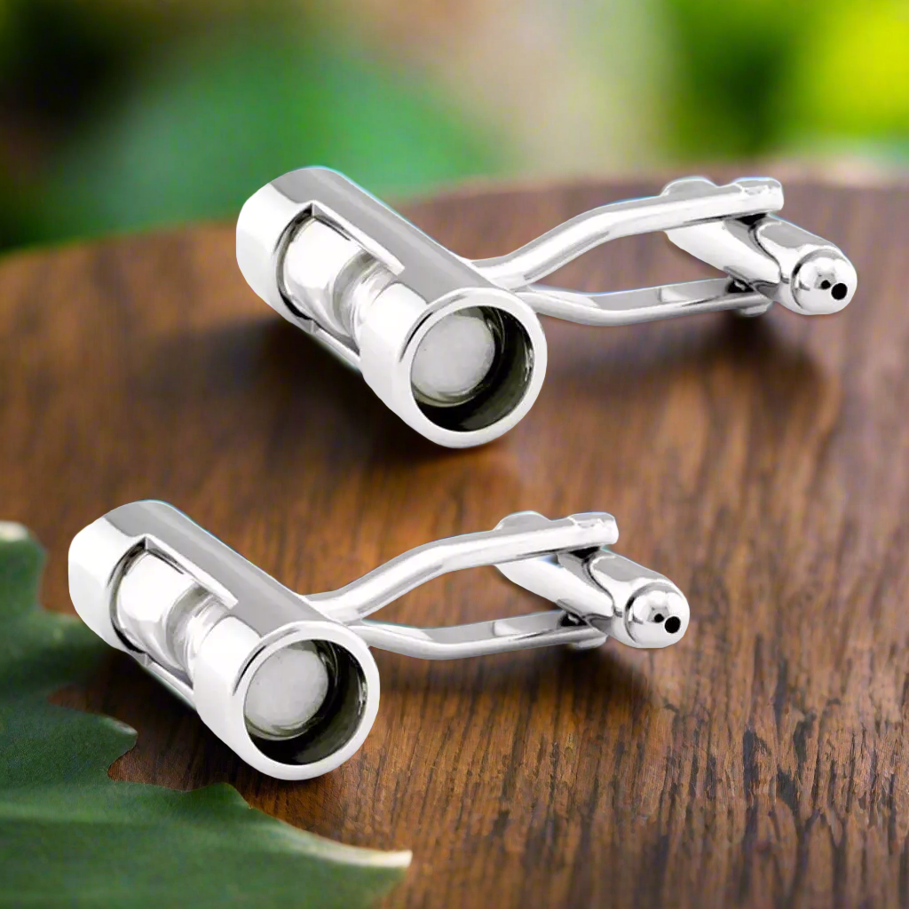 Luxury hourglass cufflinks with white and purple sand, ideal for weddings and formal occasions