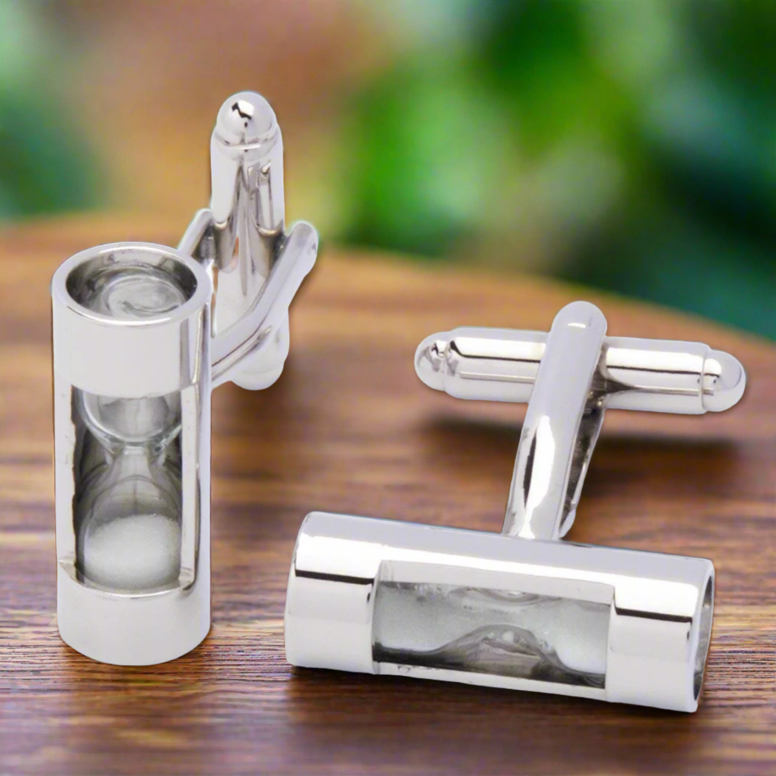 Purple sand cufflinks for men with hourglass jewelry design, perfect for business meetings
