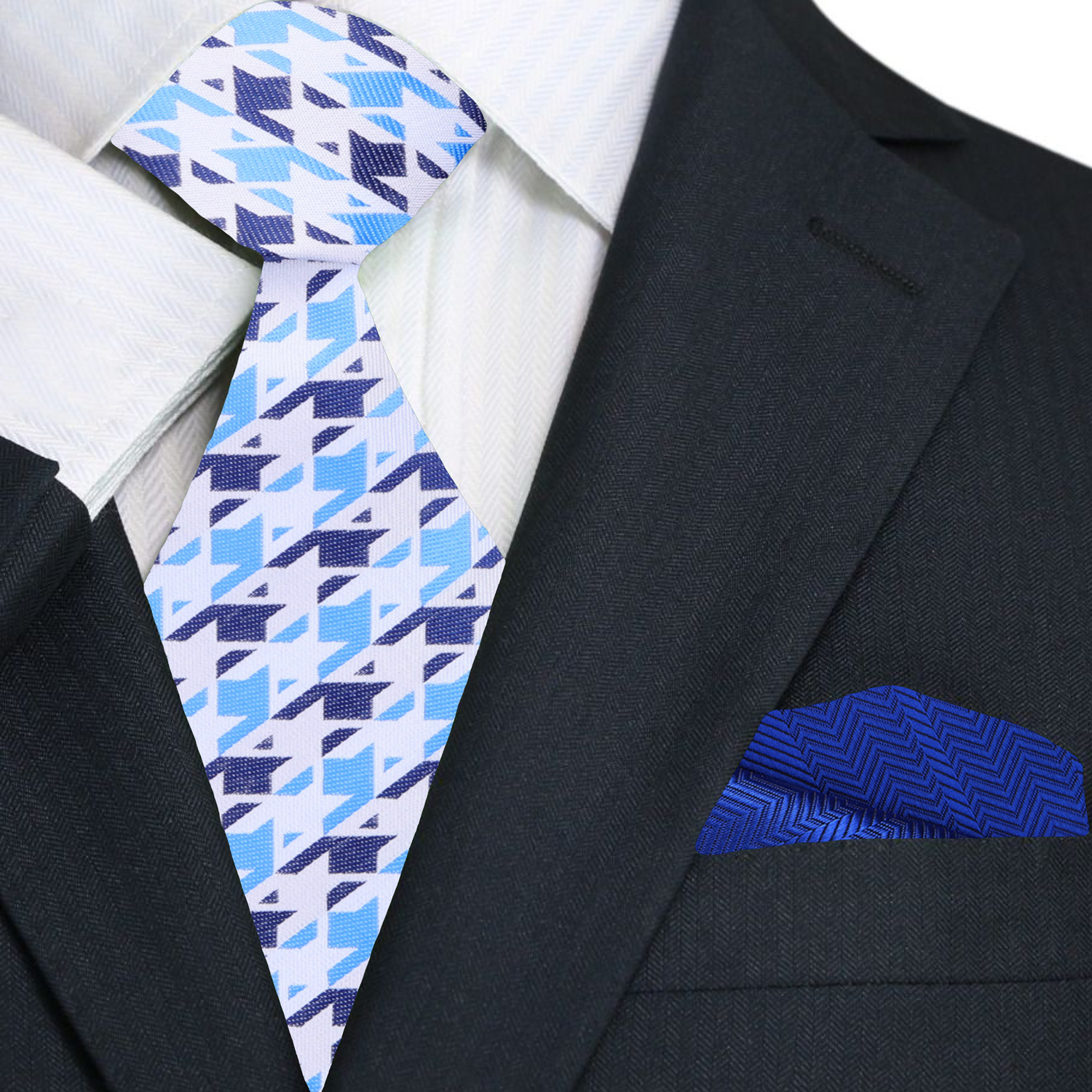Man wearing silk houndstooth tie with navy suit for corporate presentation