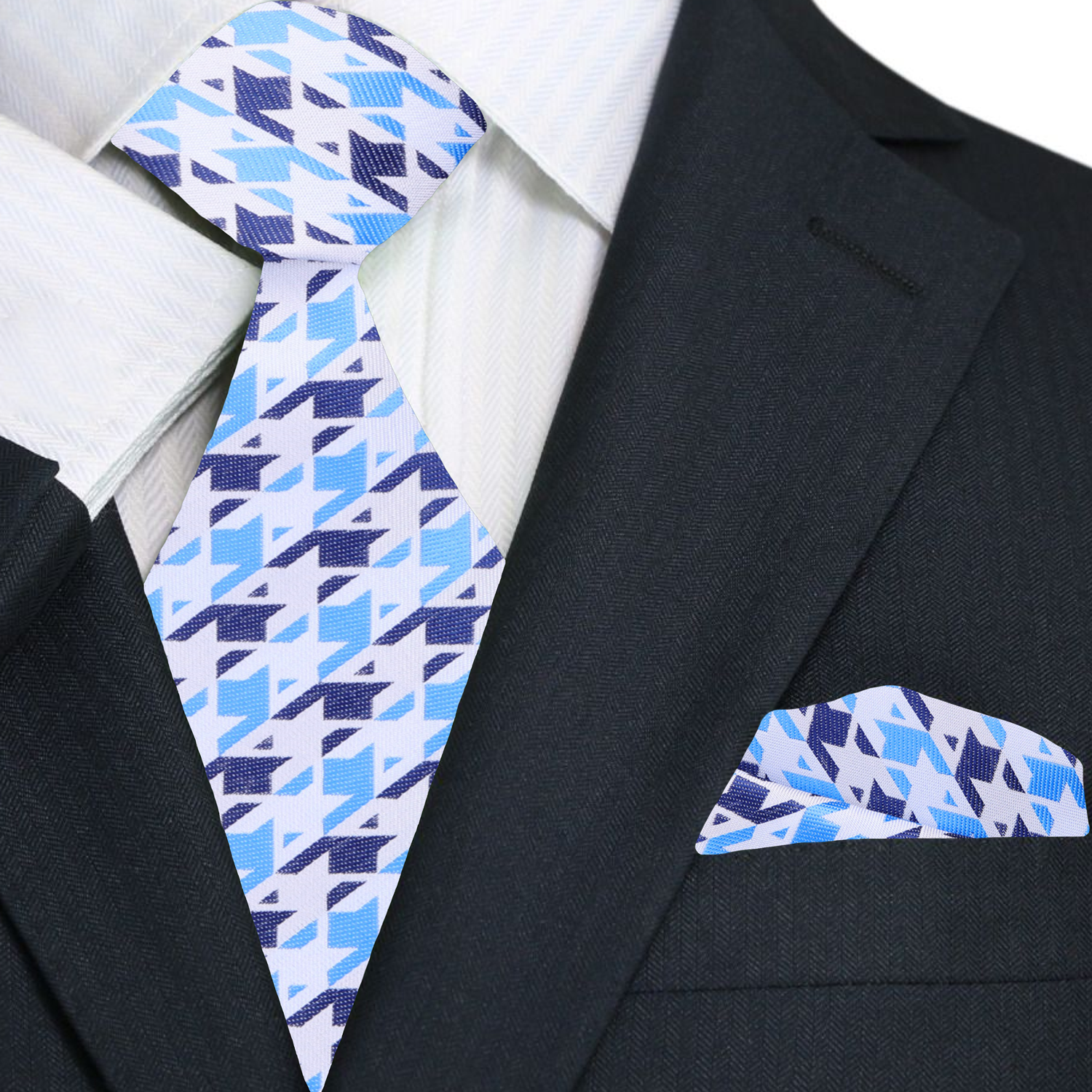 Elegant blue silk houndstooth necktie with detailed pattern for weddings and business