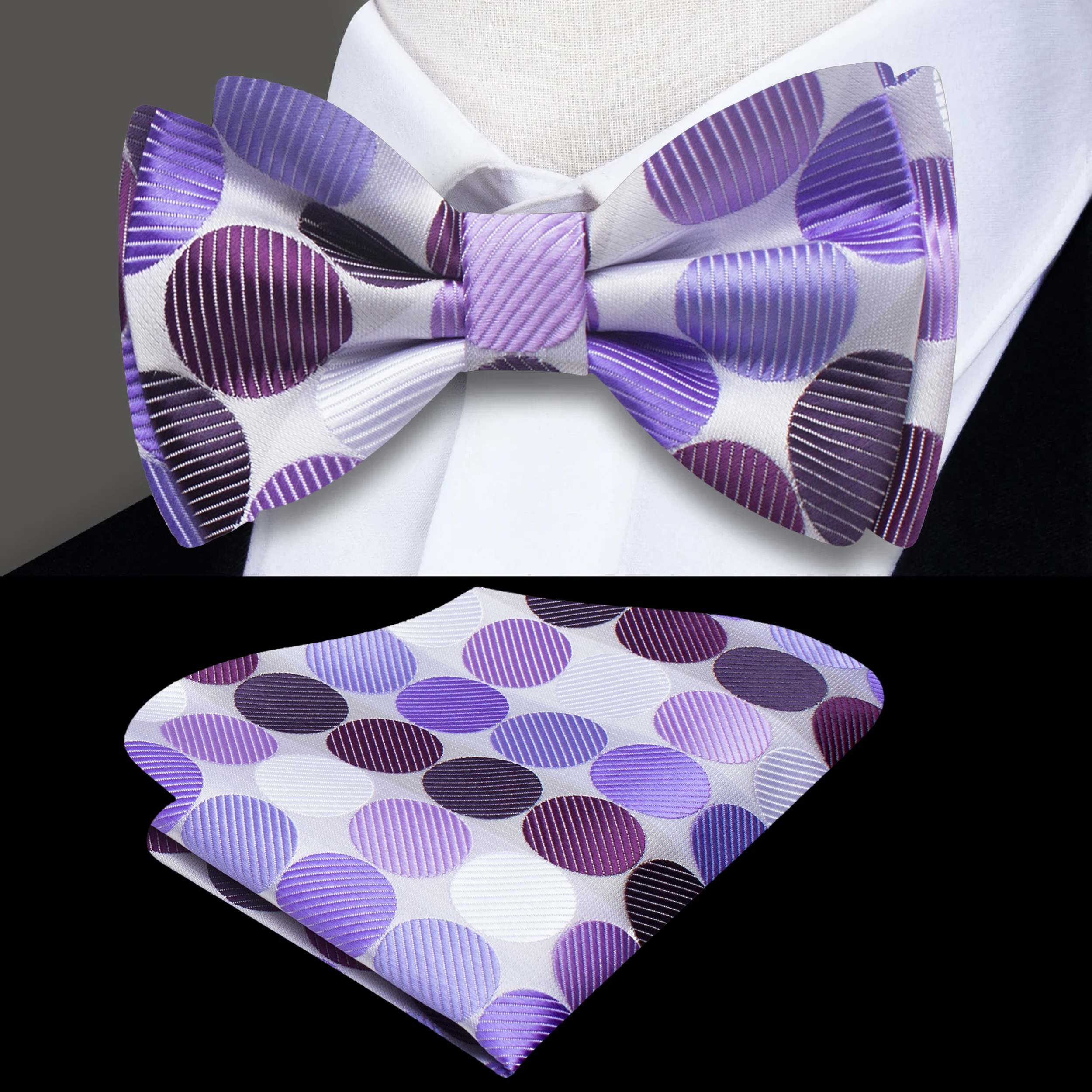 Man wearing pre-tied purple polka dot bow tie and matching pocket square at a formal event