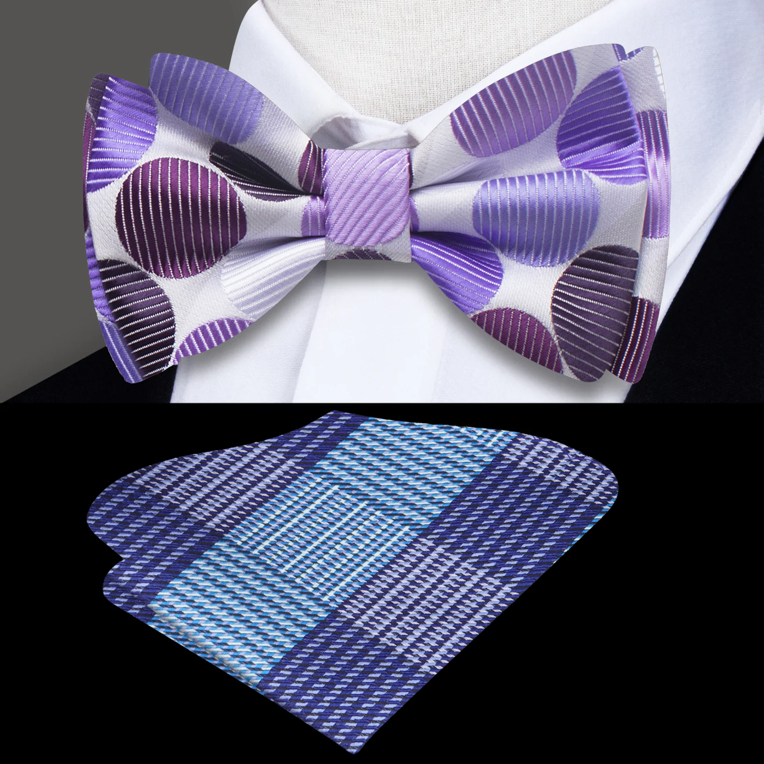 Close-up of purple and white polka dot bow tie with matching pocket square, stylish for weddings