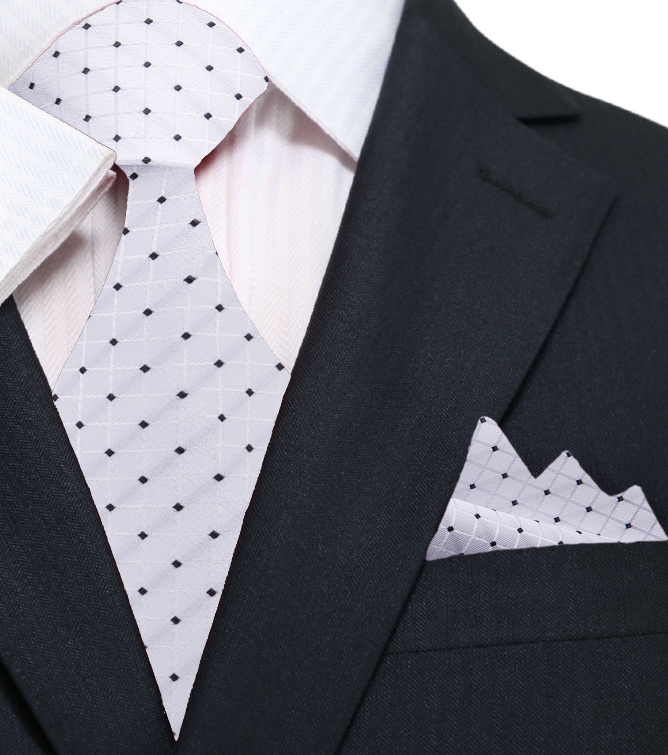 Elegant white silk necktie with black dots and geometric texture for formal events