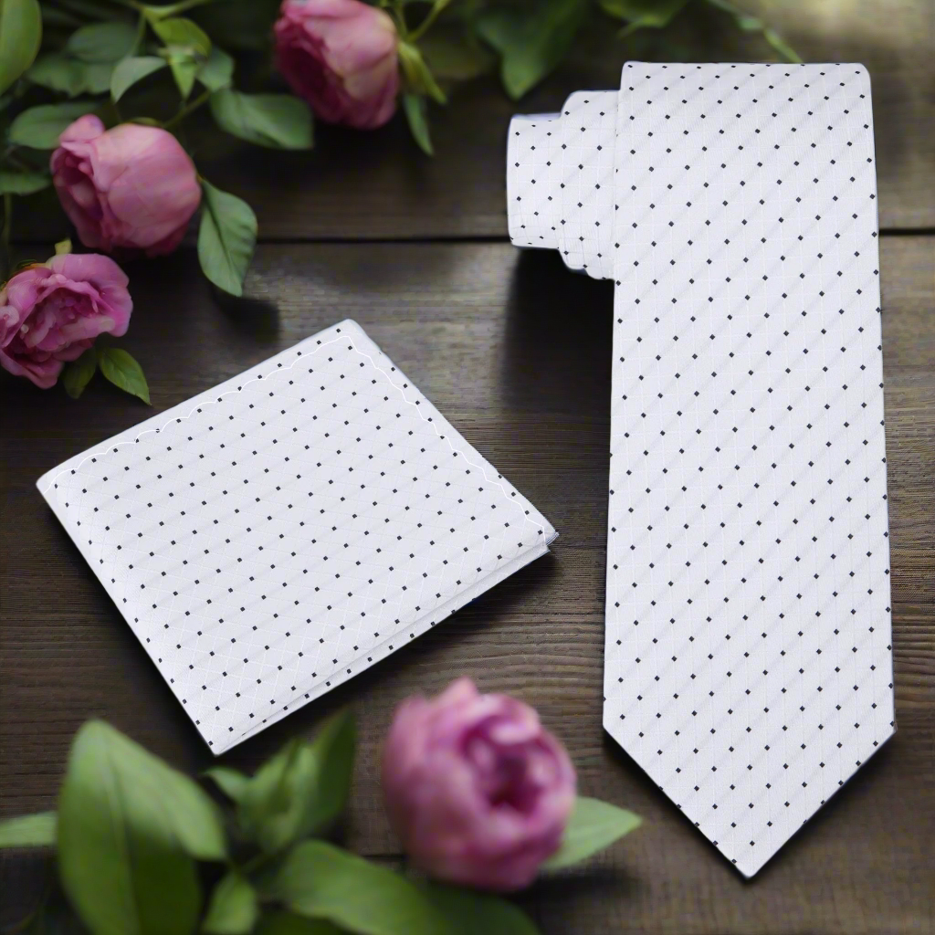 Mens silk necktie with black dots and geometric pattern, perfect for weddings
