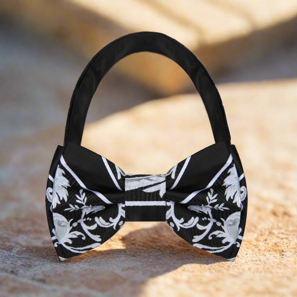 Fashionable floral bow tie set with matching pocket square on a dress shirt