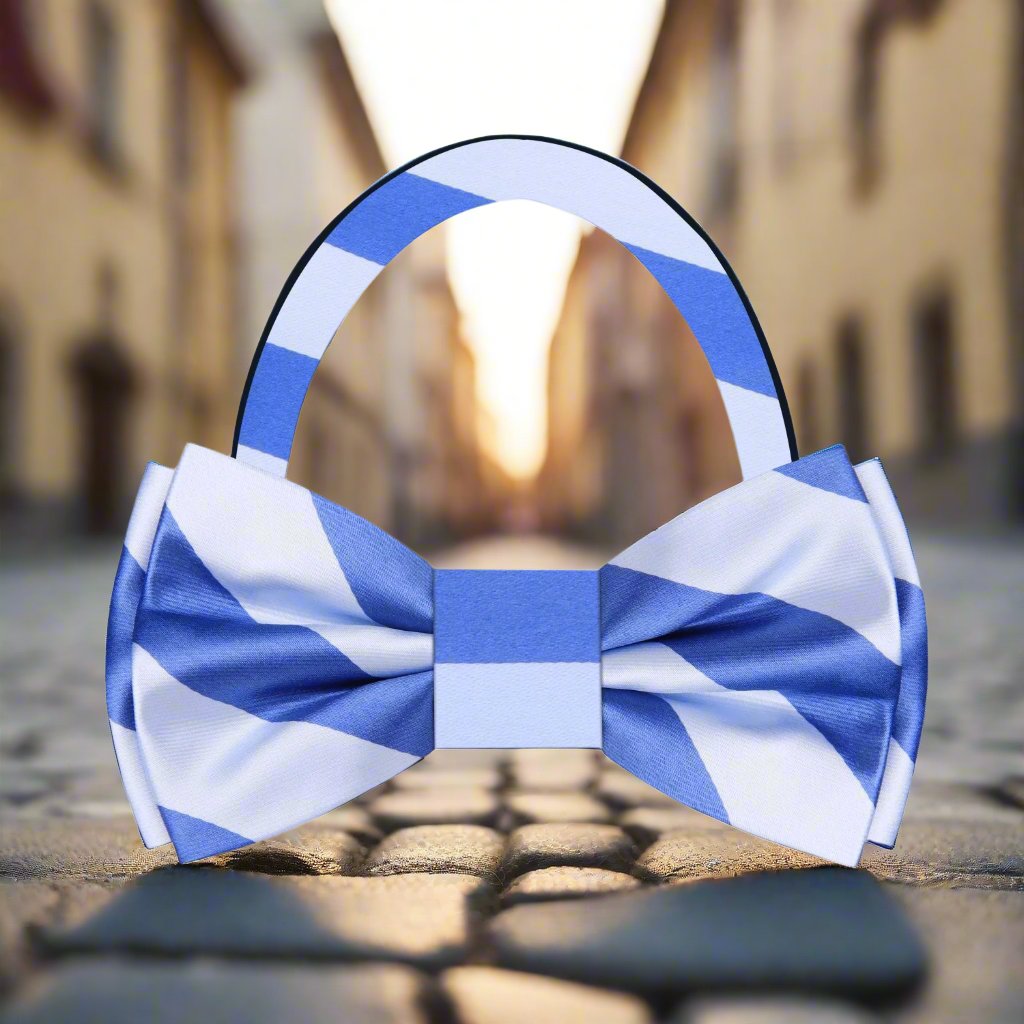 Model wearing the green and white striped silk bow tie at a wedding