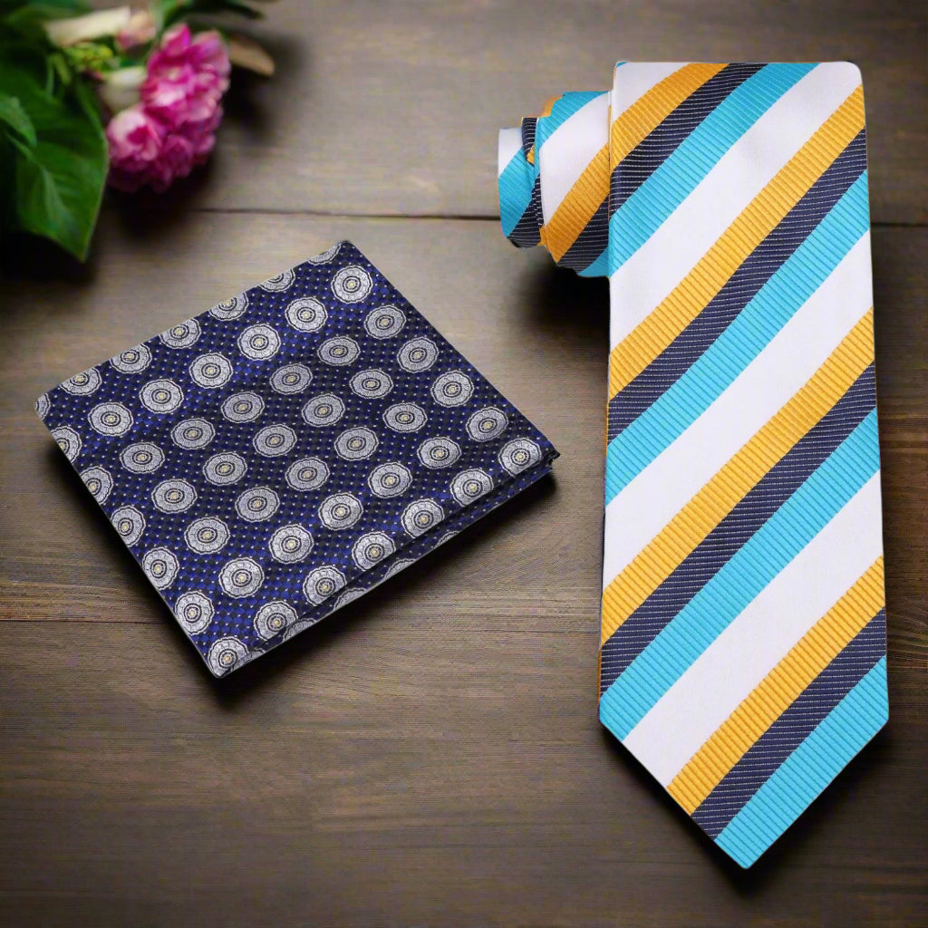 Close-up of Bexington striped tie showing vibrant blue and yellow stripes, perfect for formal occasions