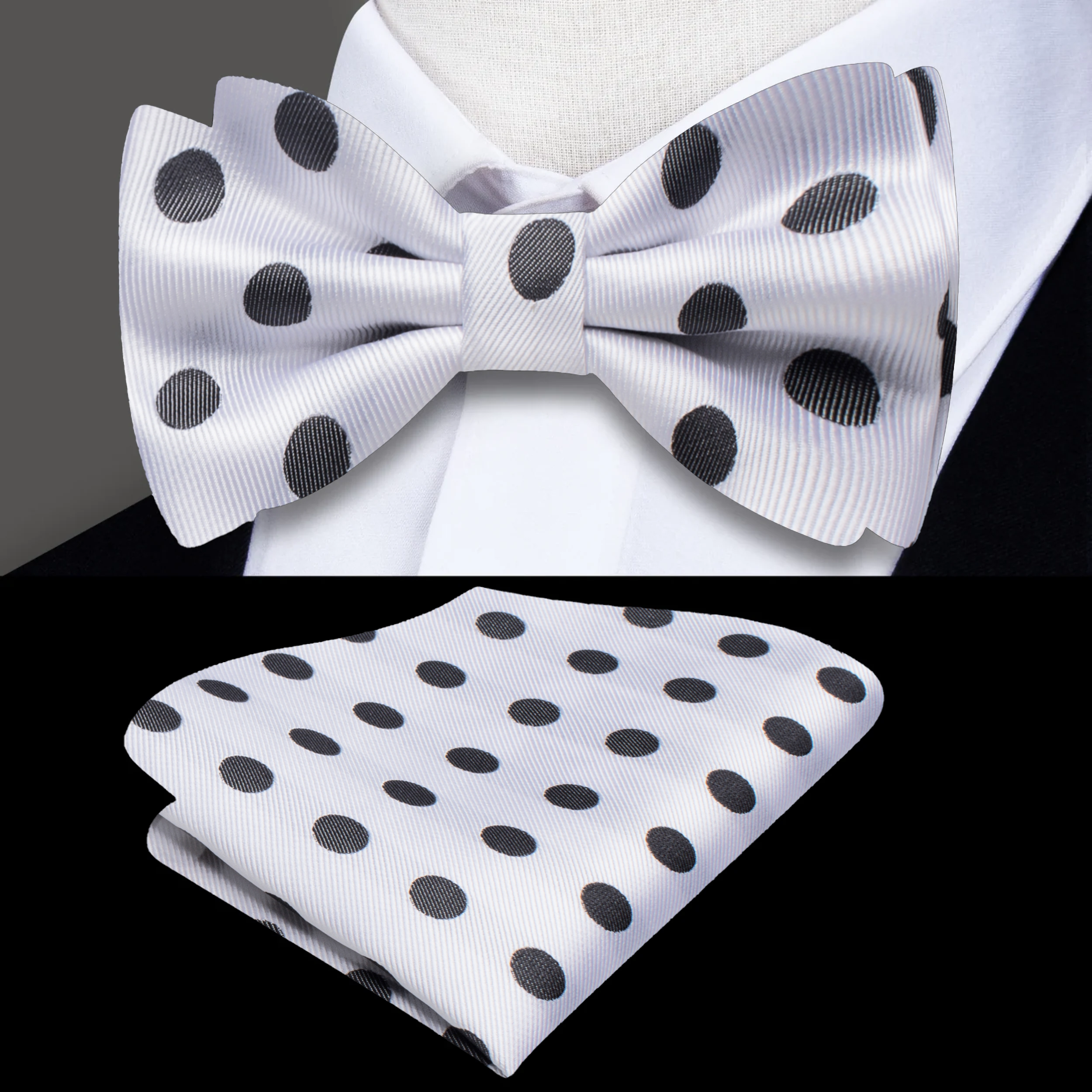 Monroe silk polka dot bow tie styled with a light grey glen plaid suit for a vintage wedding look