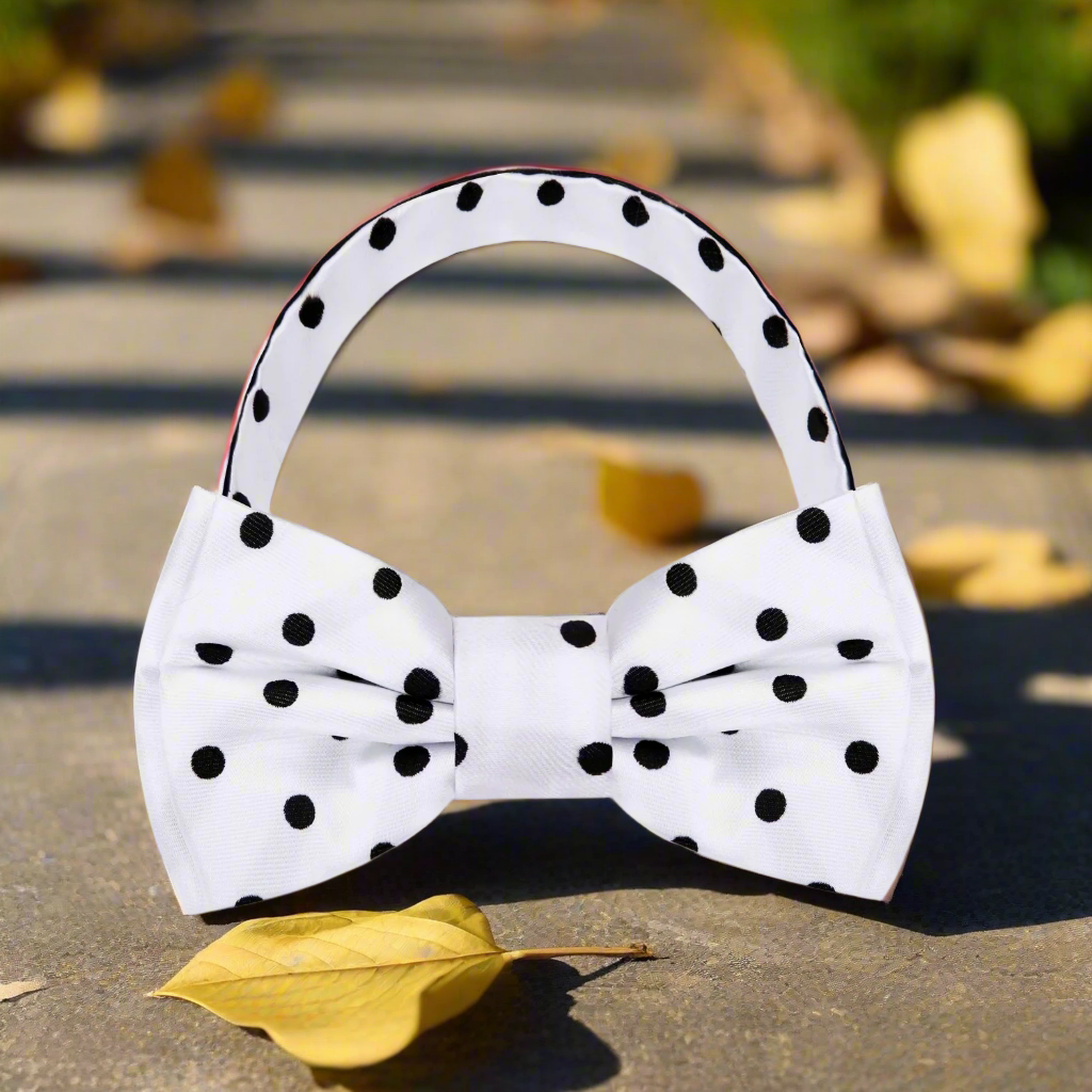 Elegant black polka dot bow tie on a dress shirt, showcasing its refined design.