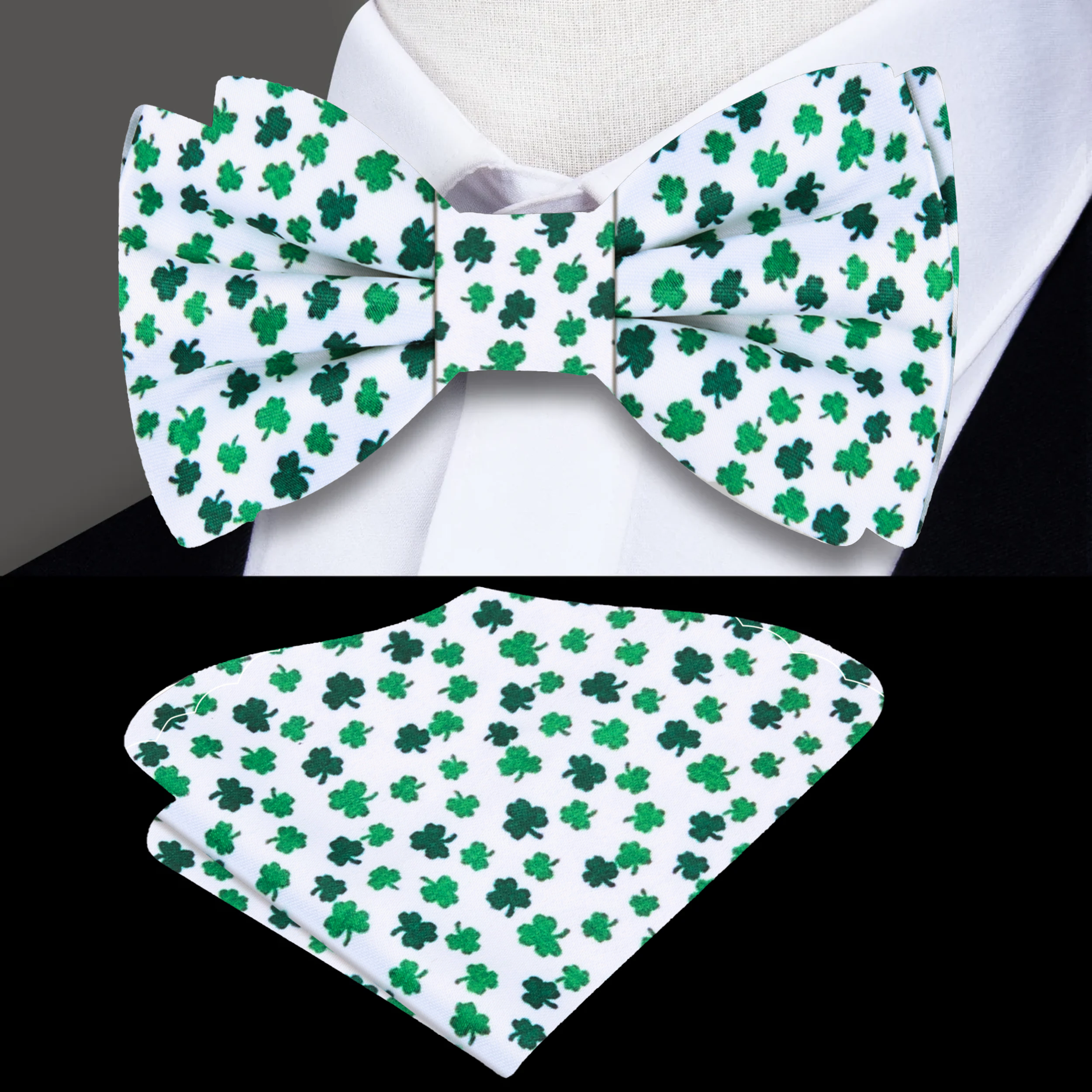 Close-up of the festive green and white bow tie for men, perfect for St. Patrick's Day.