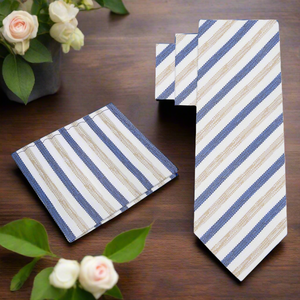 Close-up of silk mens stripe tie in white, blue, and brown showing detailed pattern