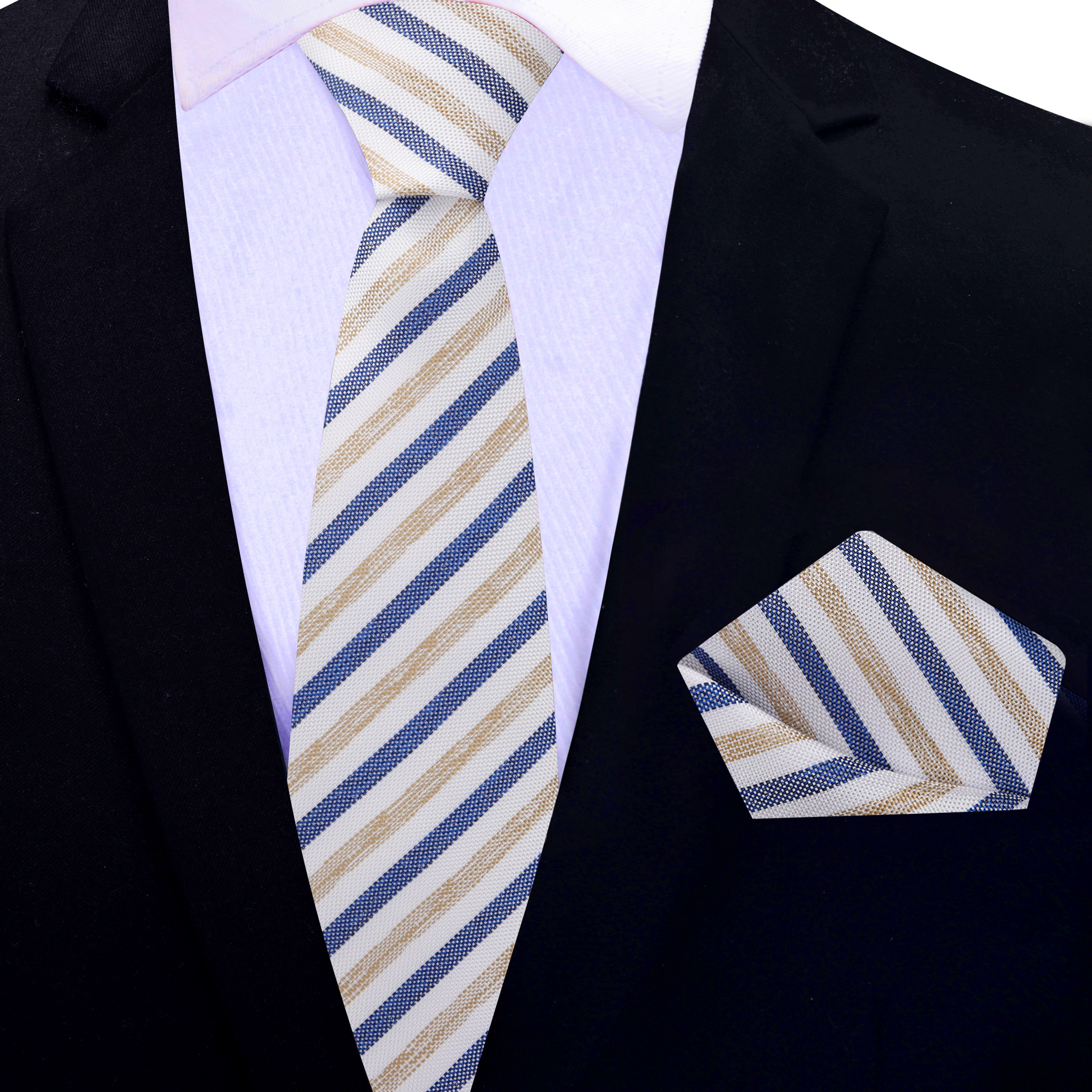 Silk stripe necktie styled with a navy suit for a wedding or formal event