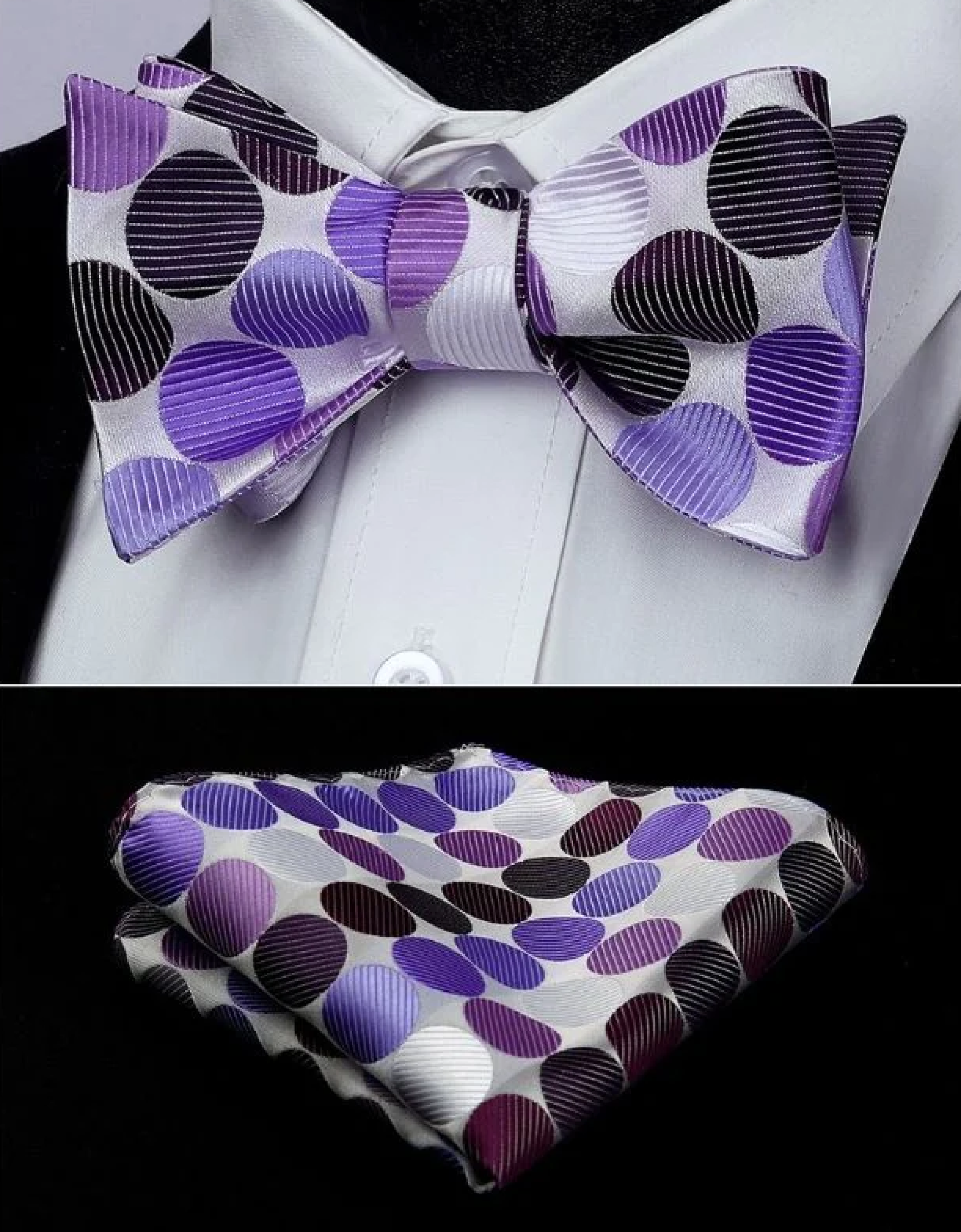 Close-up of purple and white polka dot bow tie with matching pocket square, stylish for weddings