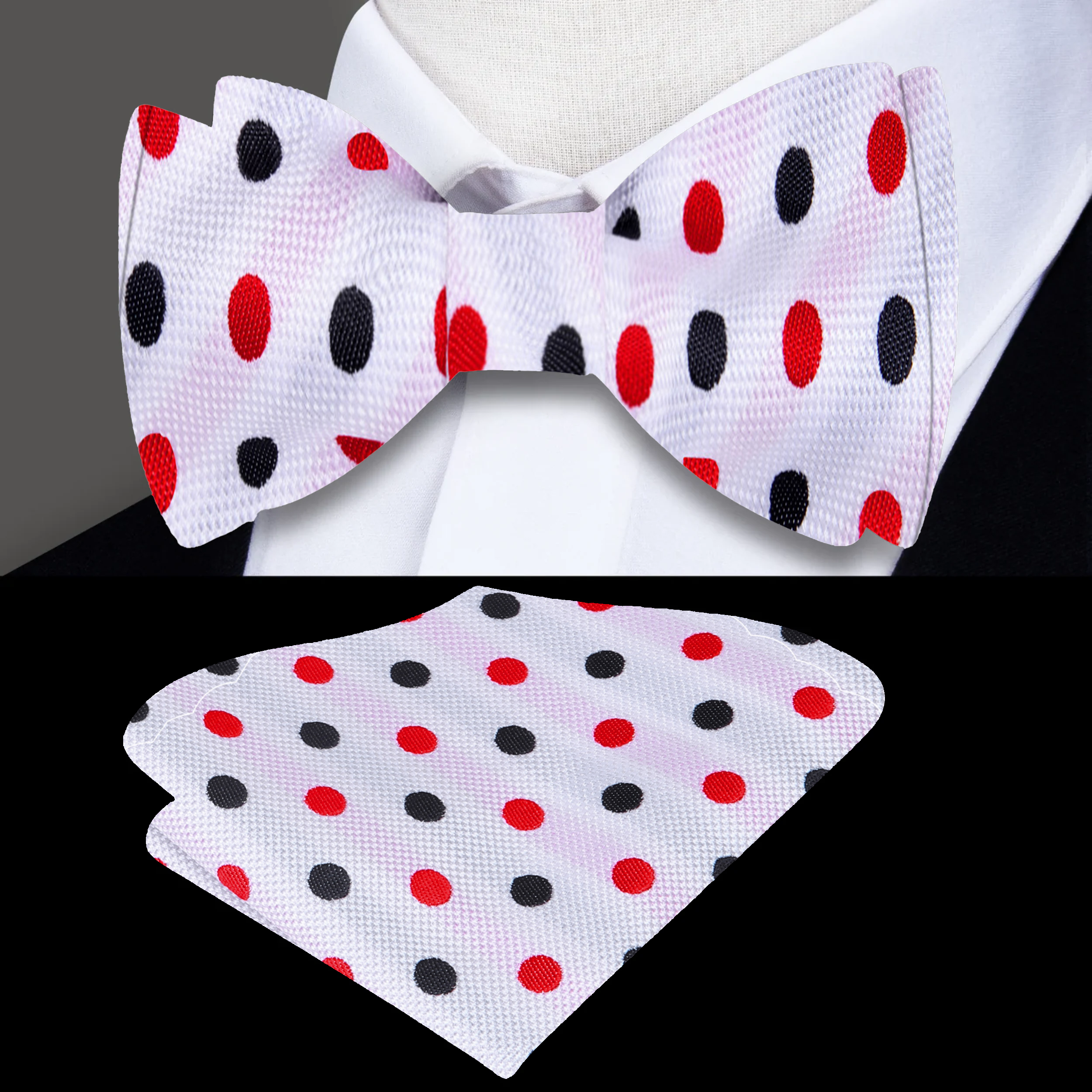 Close-up of Tarnwell luxury silk polka dot self-tie bow tie showcasing its fine texture.
